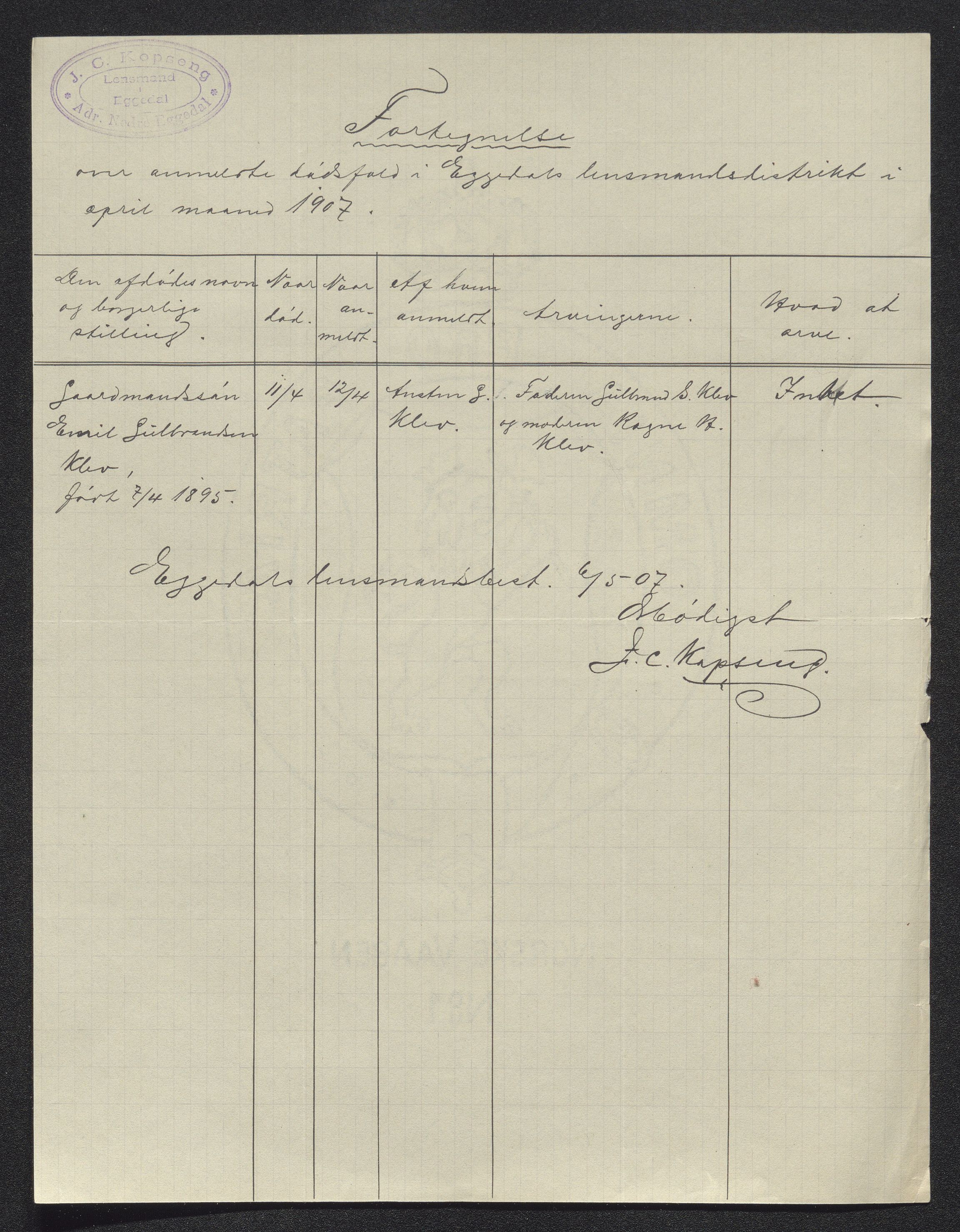 Eiker, Modum og Sigdal sorenskriveri, AV/SAKO-A-123/H/Ha/Hab/L0032: Dødsfallsmeldinger, 1907-1908, p. 362