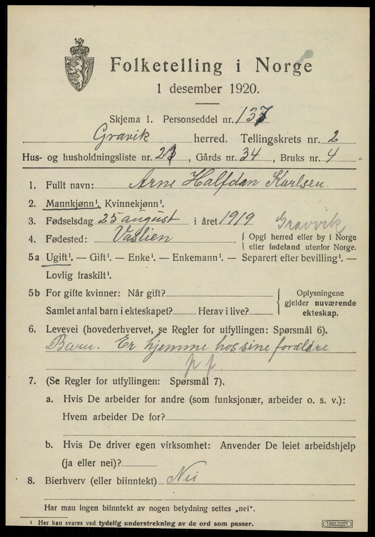 SAT, 1920 census for Gravvik, 1920, p. 1130
