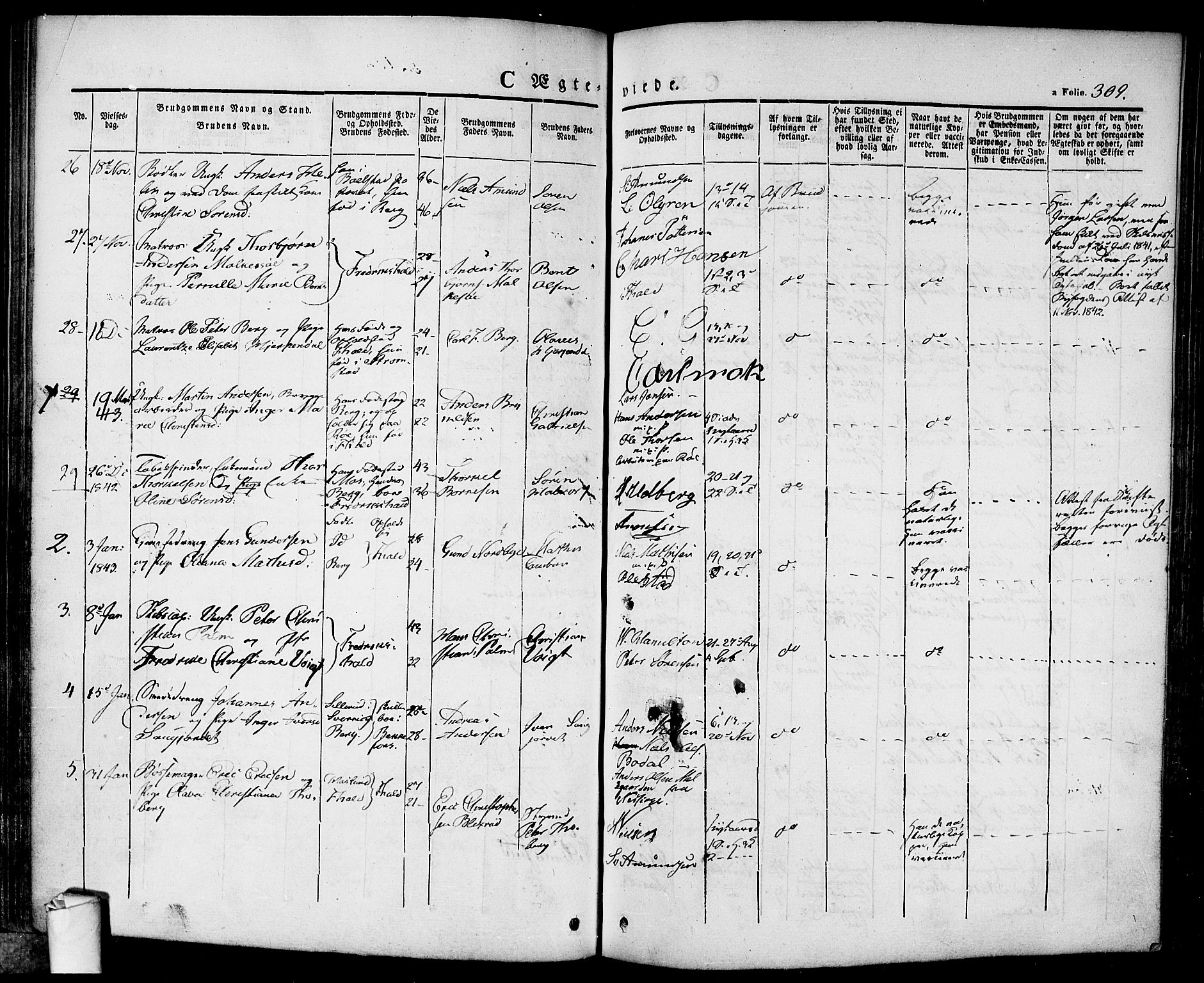 Halden prestekontor Kirkebøker, SAO/A-10909/F/Fa/L0005: Parish register (official) no. I 5, 1834-1845, p. 309