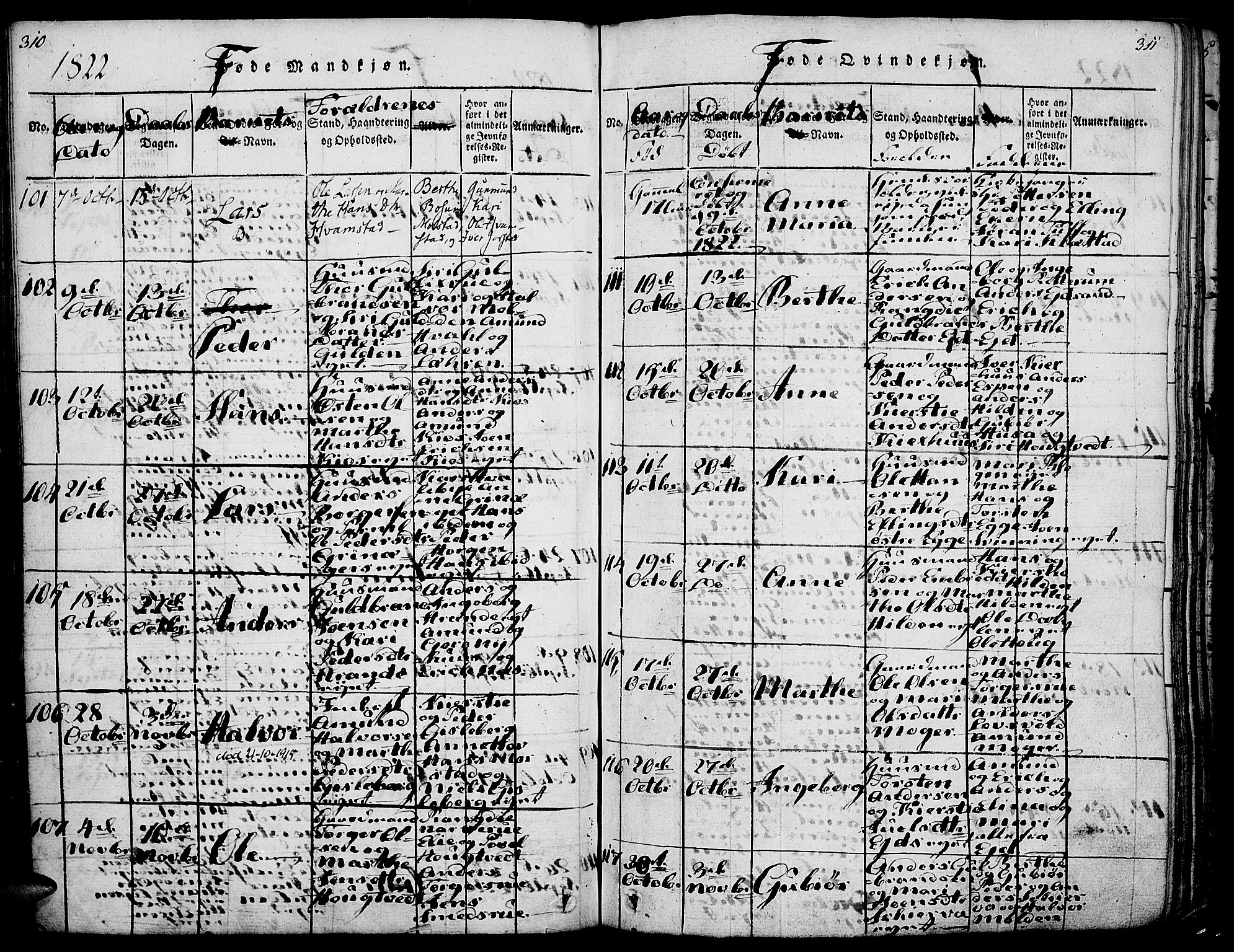 Gran prestekontor, AV/SAH-PREST-112/H/Ha/Haa/L0009: Parish register (official) no. 9, 1815-1824, p. 310-311