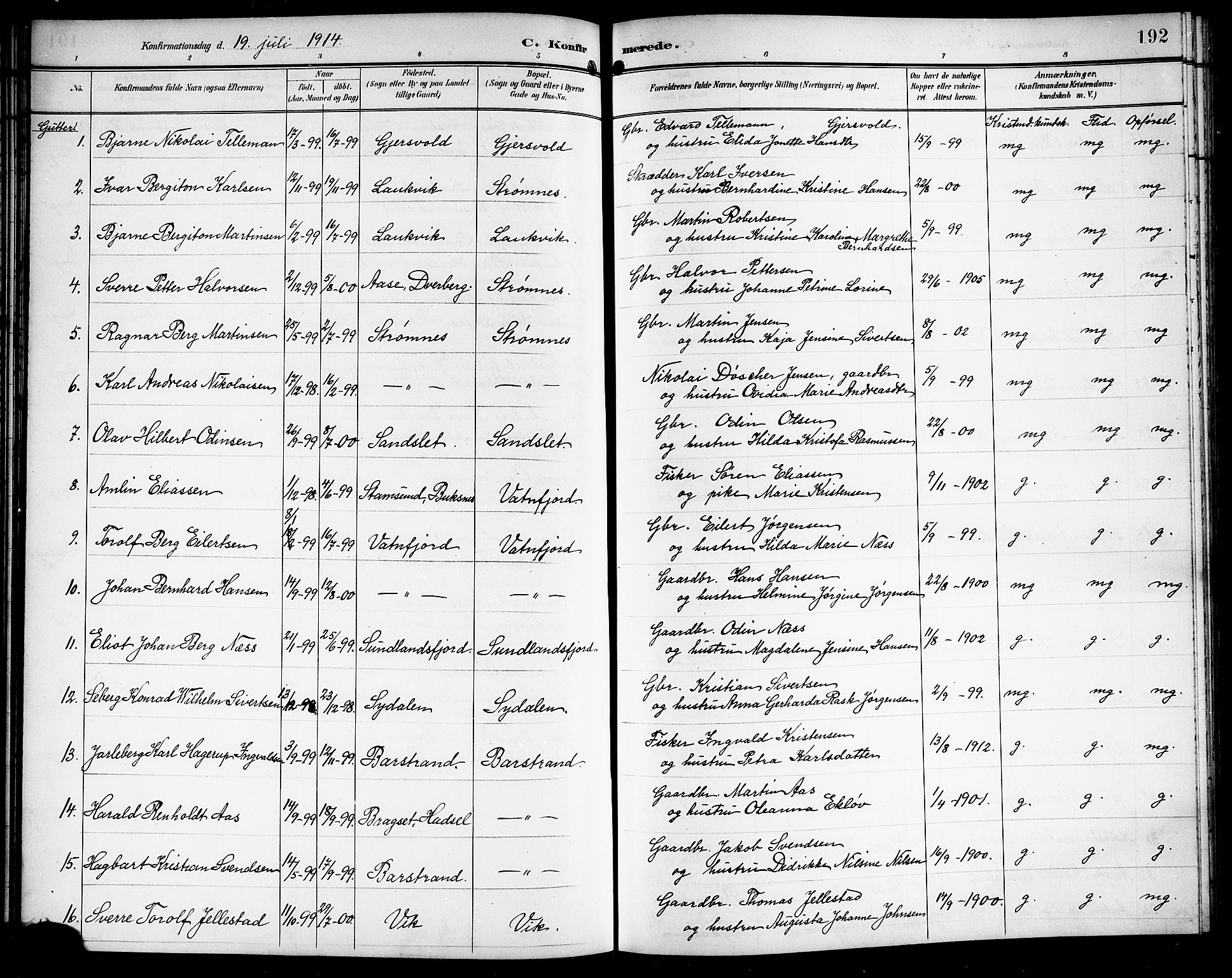 Ministerialprotokoller, klokkerbøker og fødselsregistre - Nordland, AV/SAT-A-1459/876/L1105: Parish register (copy) no. 876C04, 1896-1914, p. 192