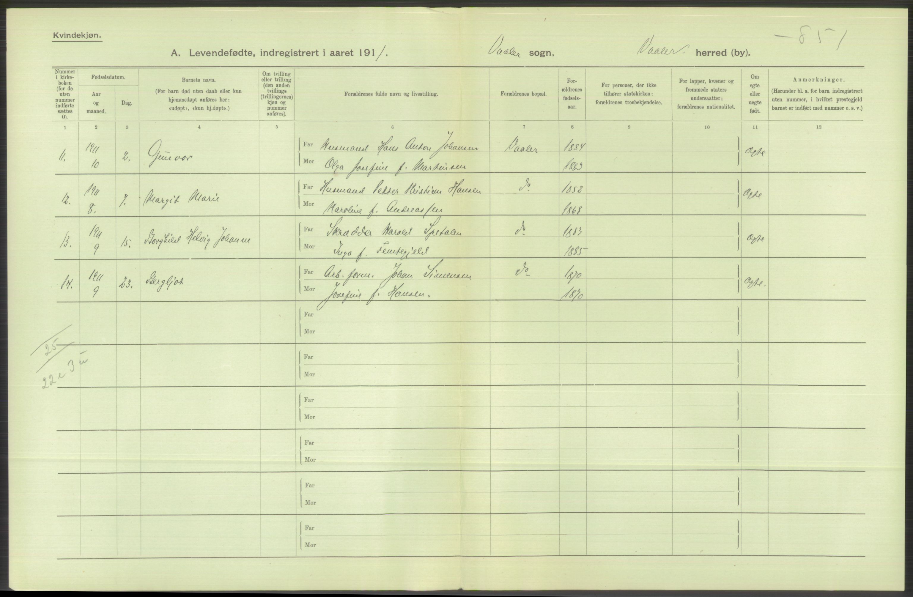 Statistisk sentralbyrå, Sosiodemografiske emner, Befolkning, RA/S-2228/D/Df/Dfb/Dfba/L0001: Smålenenes amt: Levendefødte menn og kvinner. Bygder., 1911, p. 334