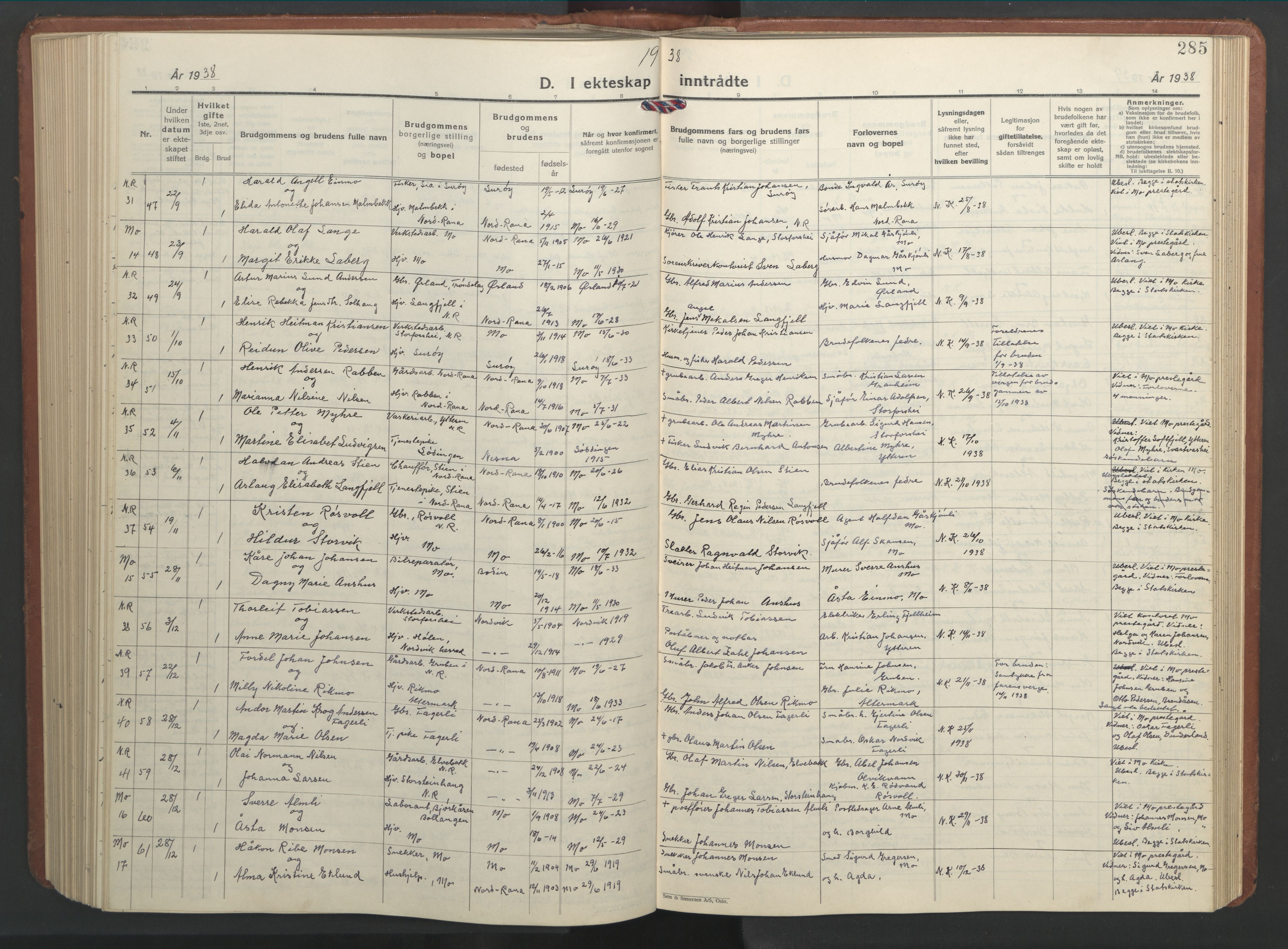 Ministerialprotokoller, klokkerbøker og fødselsregistre - Nordland, AV/SAT-A-1459/827/L0425: Parish register (copy) no. 827C14, 1931-1946, p. 285