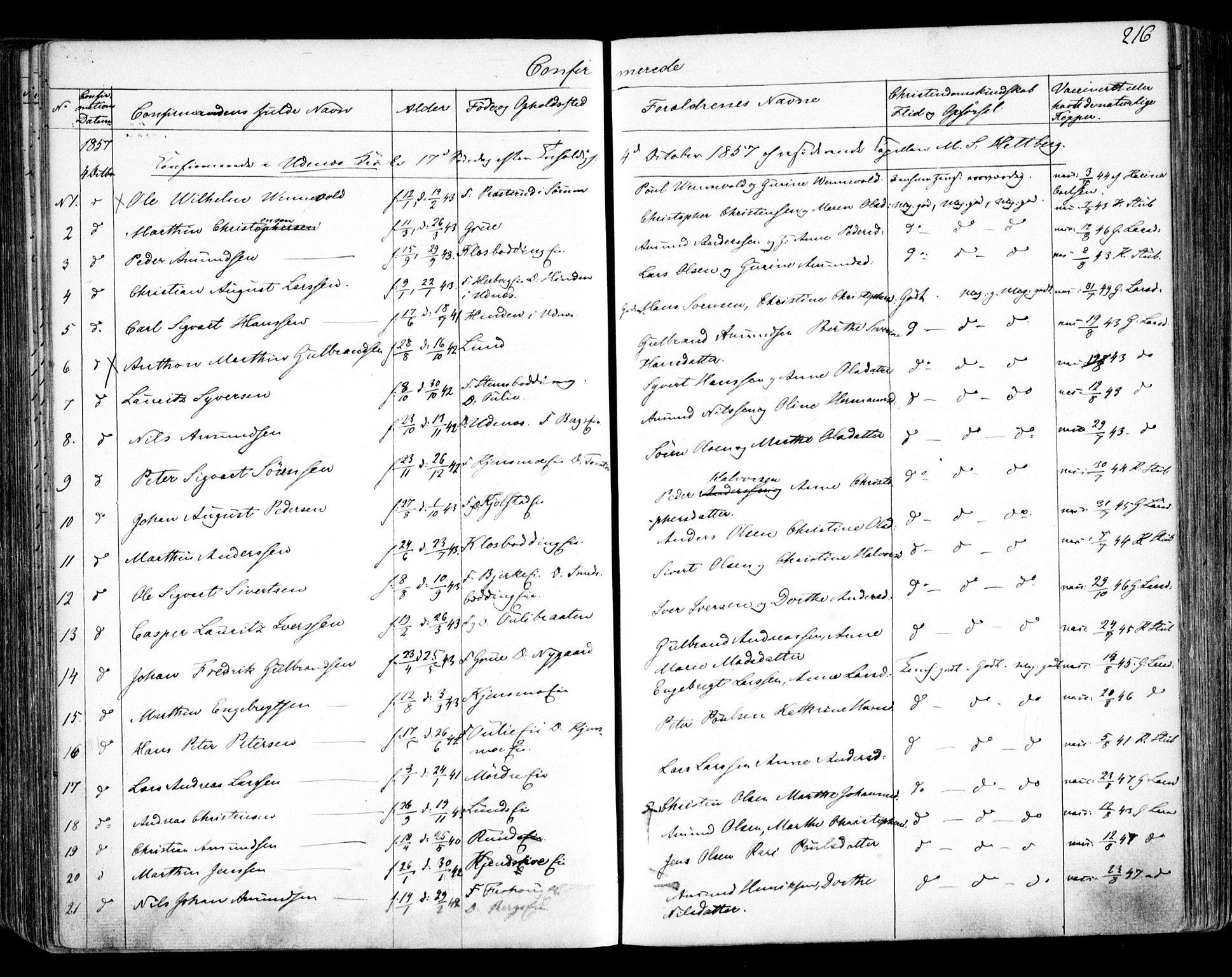 Nes prestekontor Kirkebøker, AV/SAO-A-10410/F/Fa/L0007: Parish register (official) no. I 7, 1846-1858, p. 216