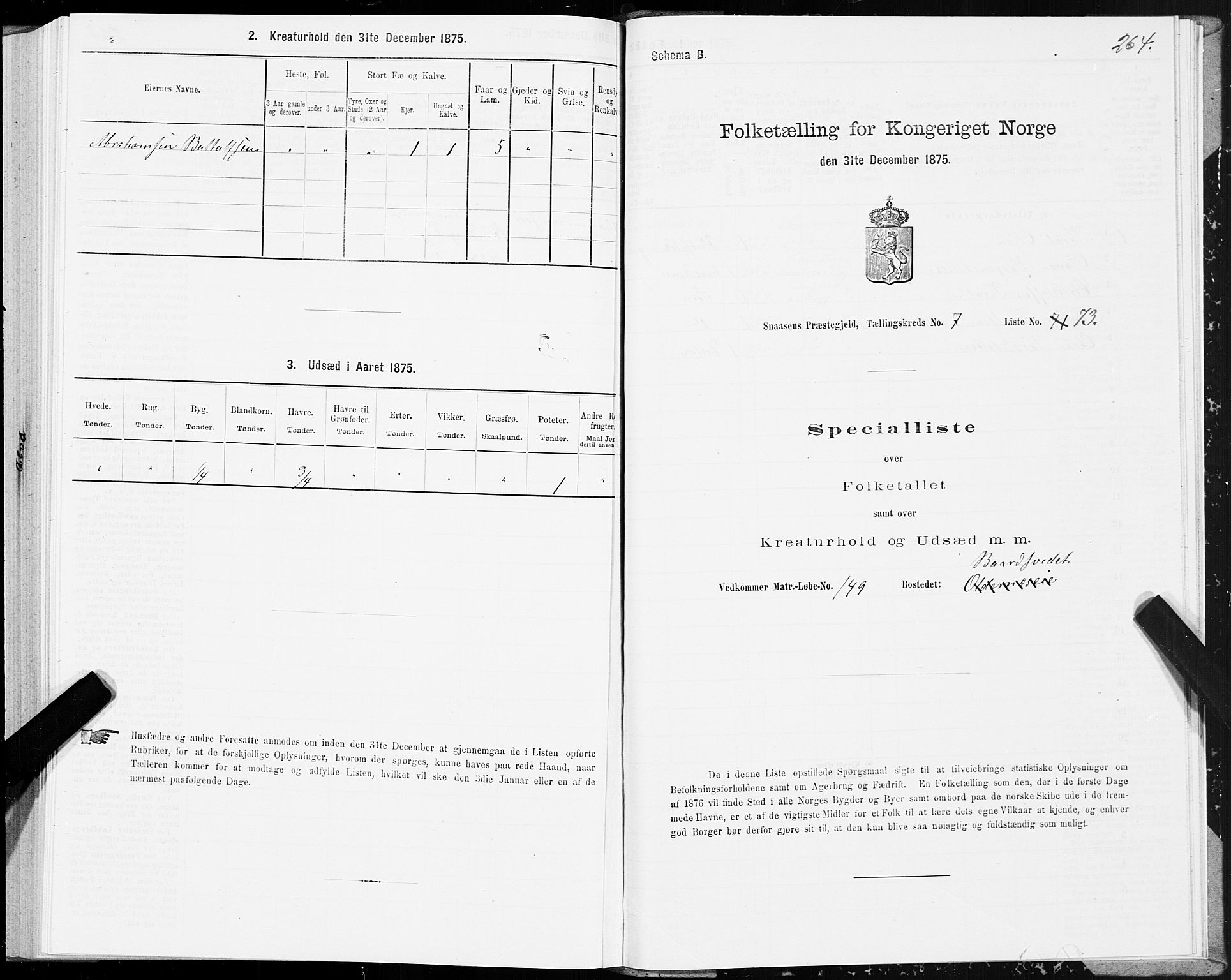 SAT, 1875 census for 1736P Snåsa, 1875, p. 3264