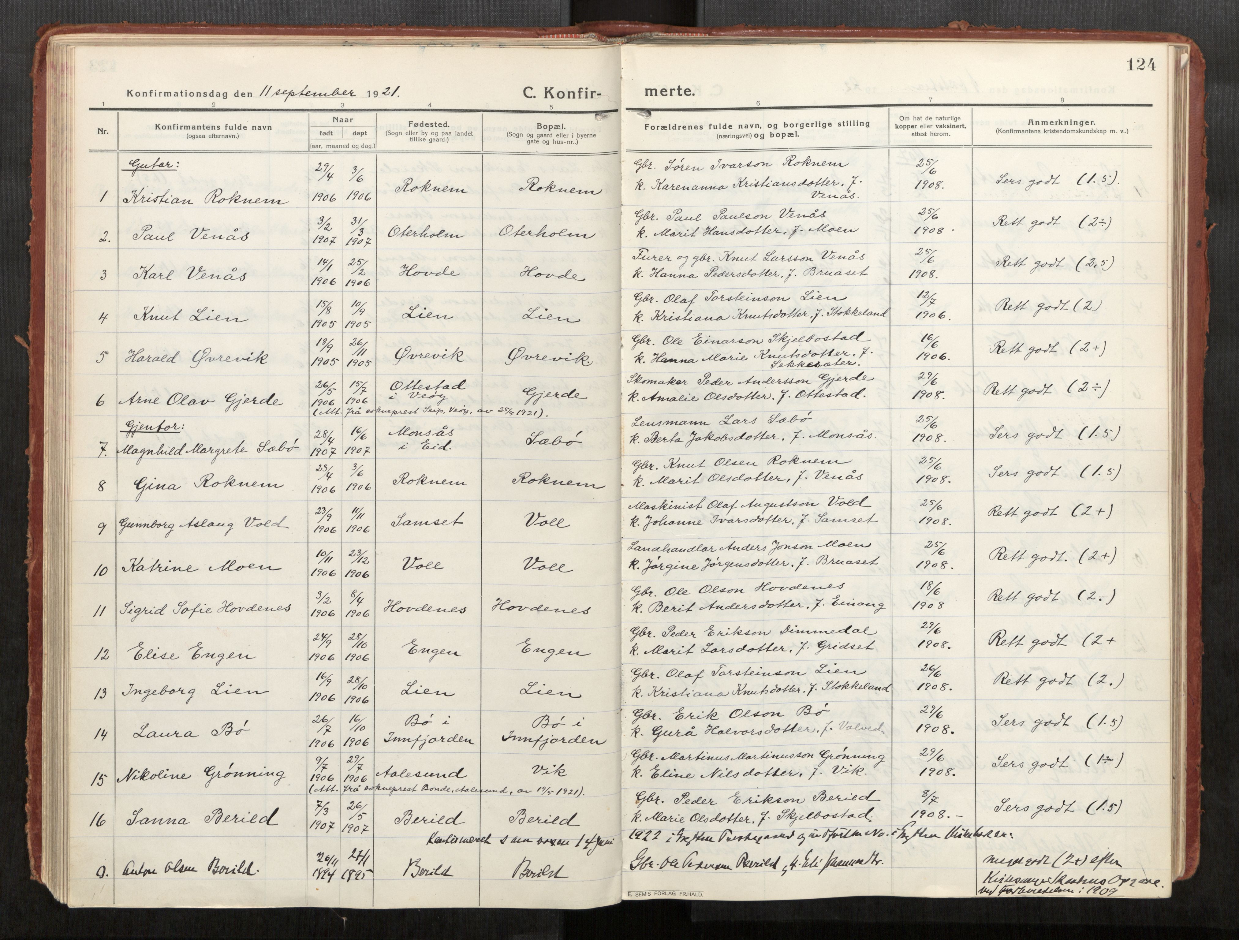 Eid sokneprestkontor, AV/SAT-A-1254: Parish register (official) no. 543A04, 1916-1956, p. 124