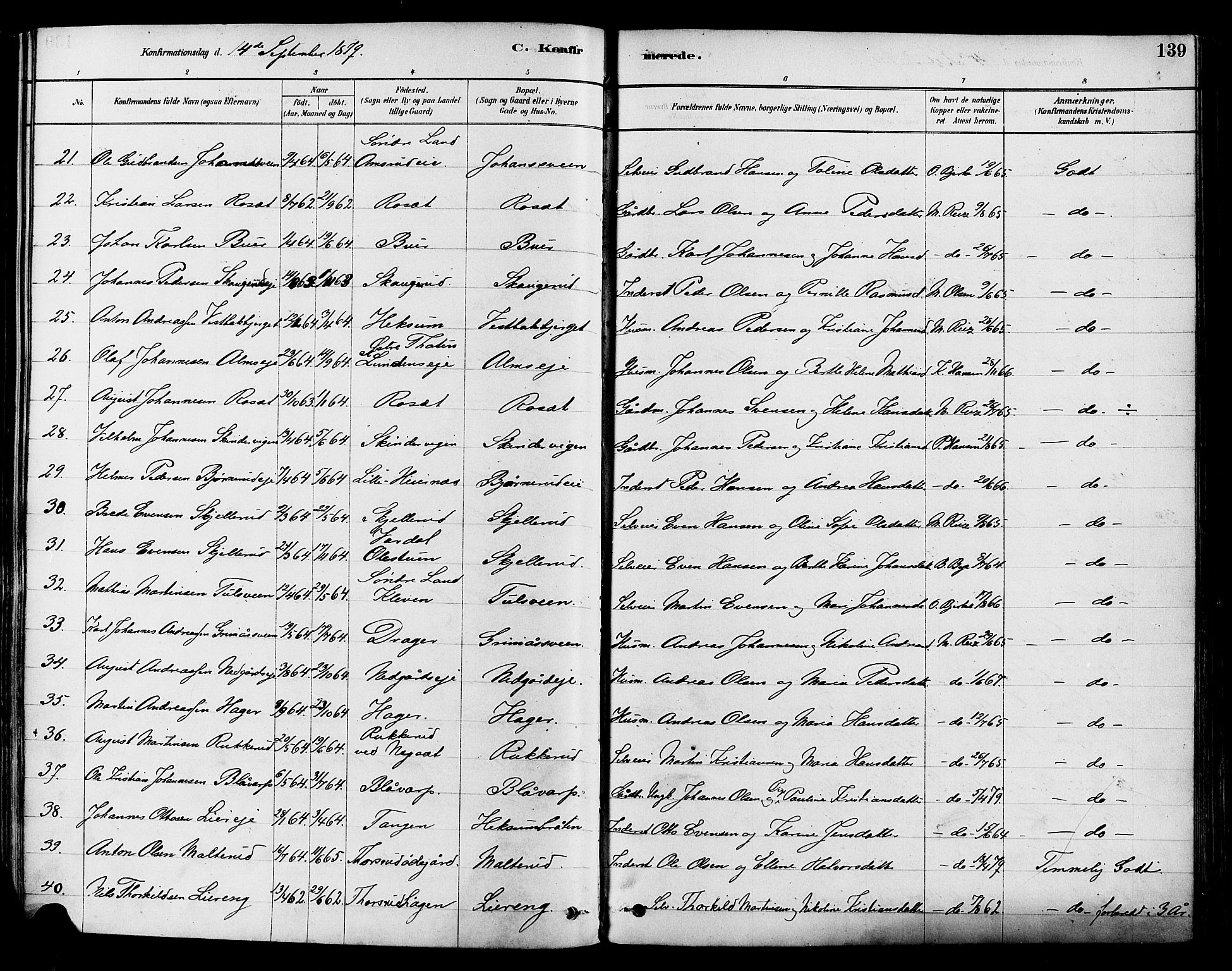 Vestre Toten prestekontor, SAH/PREST-108/H/Ha/Haa/L0009: Parish register (official) no. 9, 1878-1894, p. 139