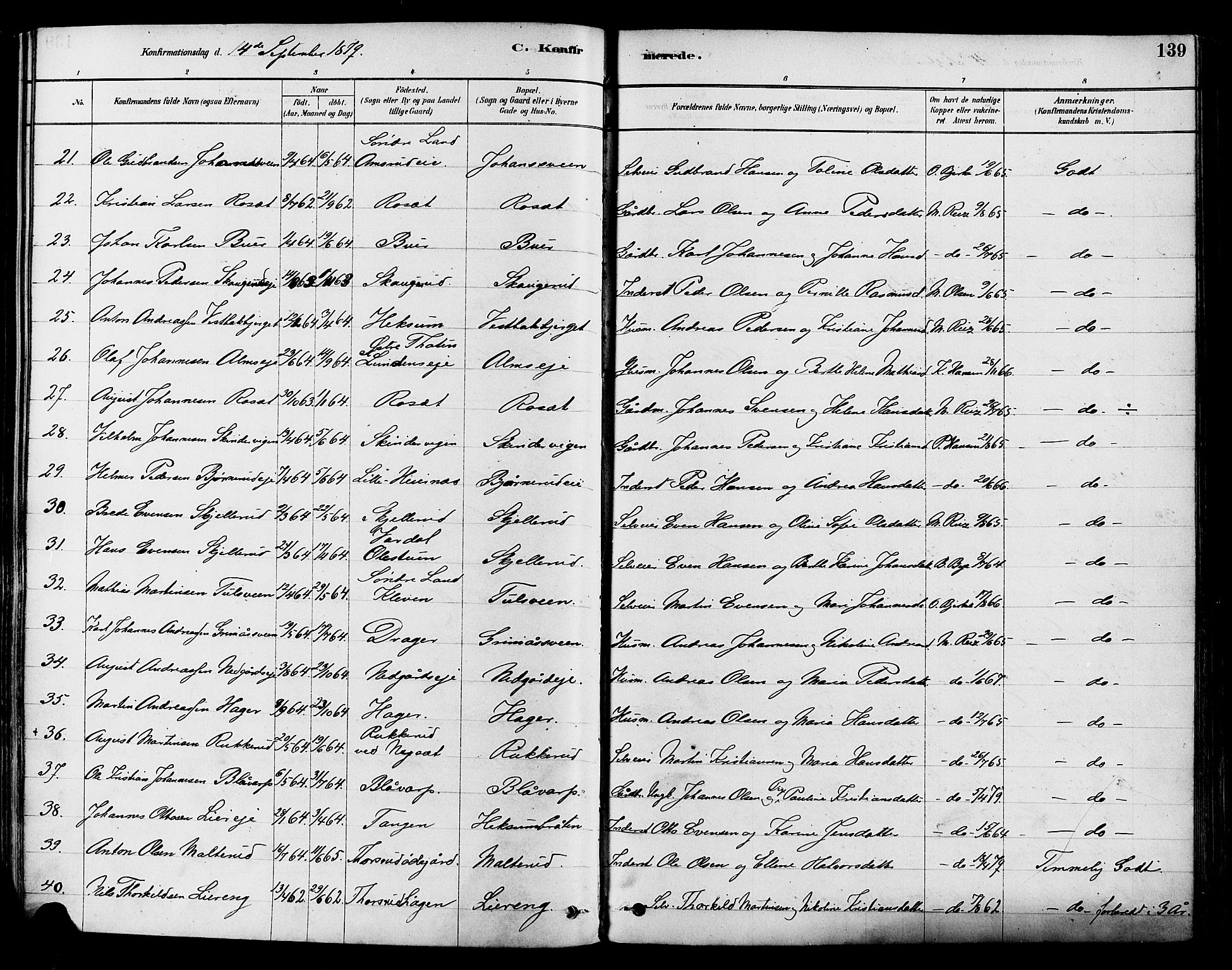 Vestre Toten prestekontor, AV/SAH-PREST-108/H/Ha/Haa/L0009: Parish register (official) no. 9, 1878-1894, p. 139