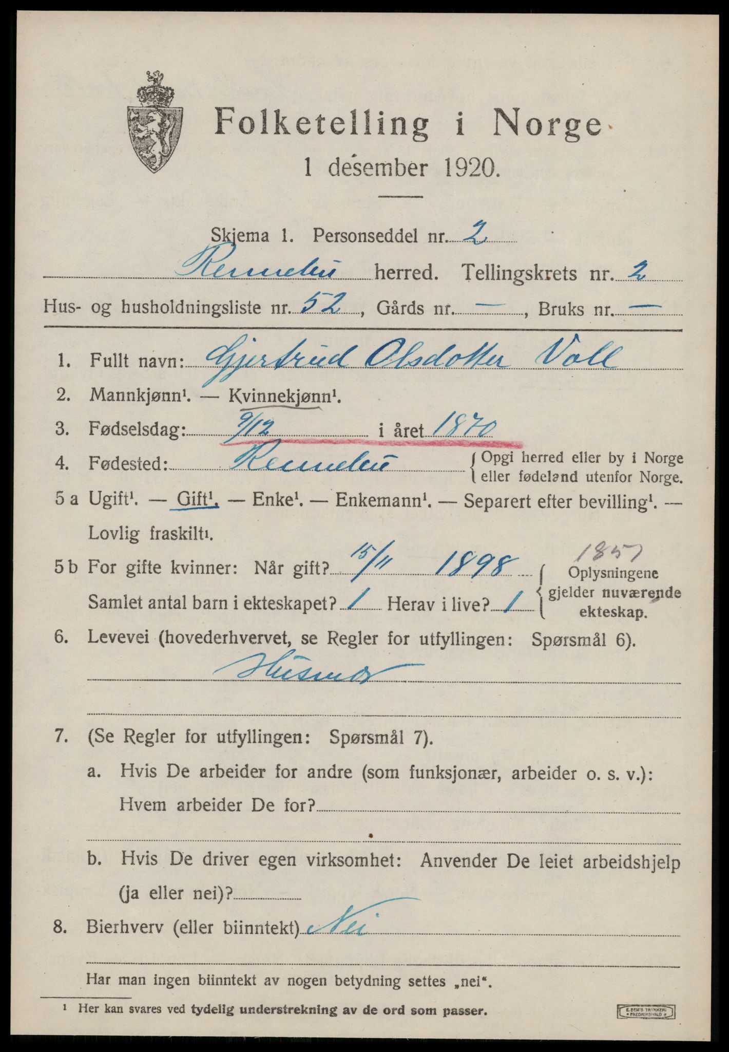 SAT, 1920 census for Rennebu, 1920, p. 1866