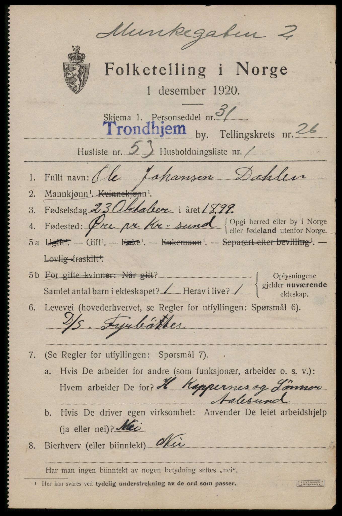 SAT, 1920 census for Trondheim, 1920, p. 69738