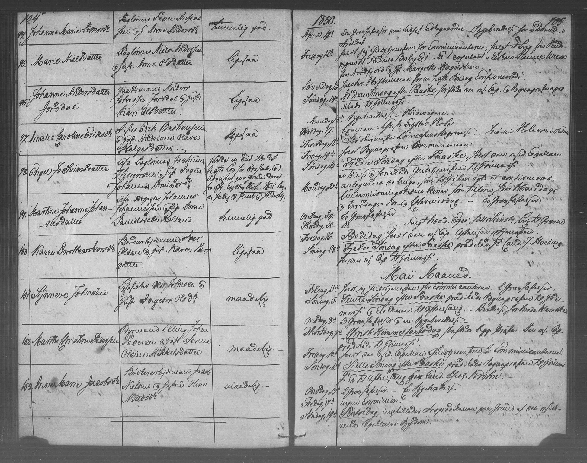 Korskirken sokneprestembete, AV/SAB-A-76101/H/Haa/L0067: Curate's parish register no. A 2, 1844-1854, p. 104-105