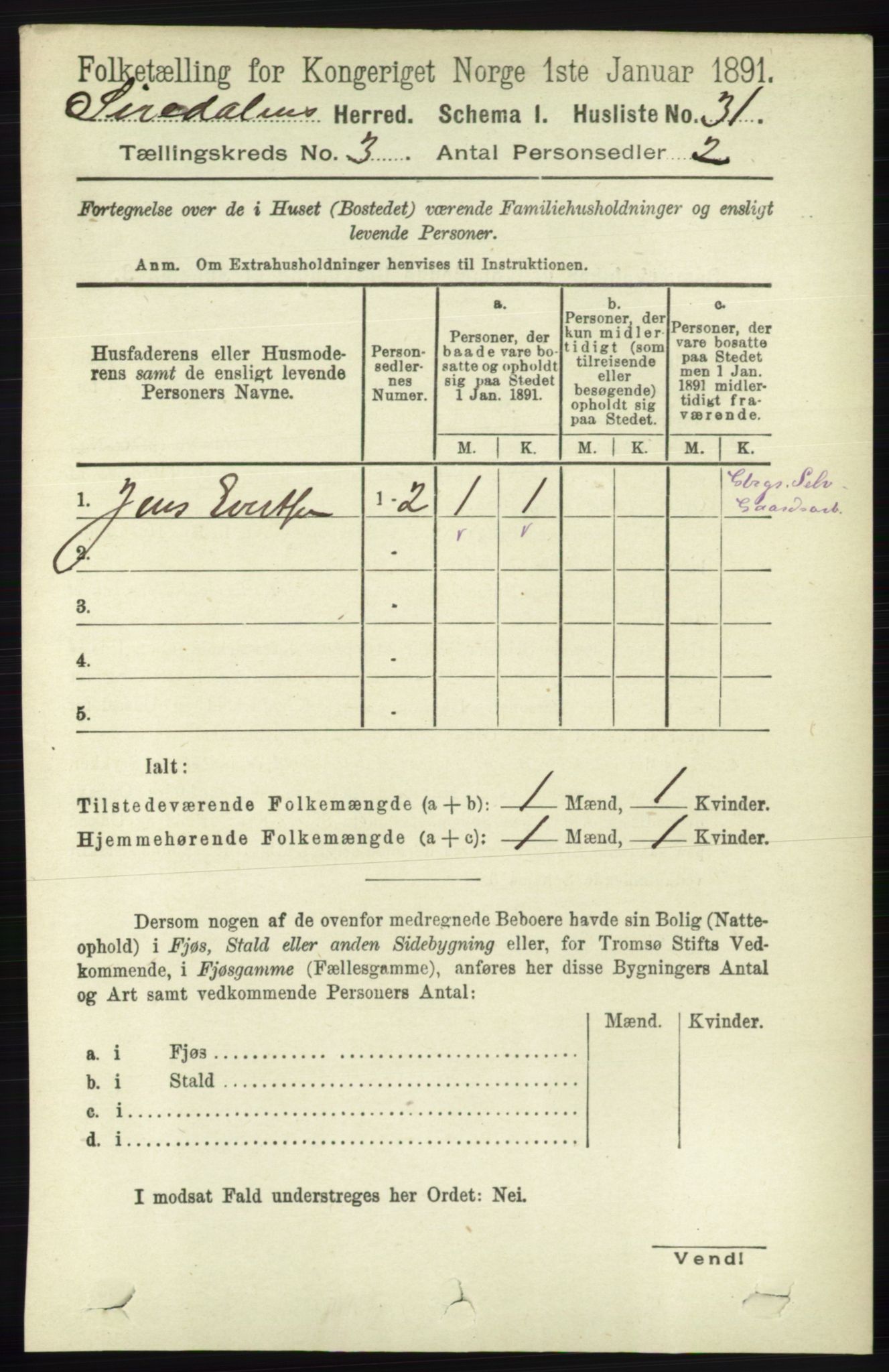 RA, 1891 census for 1046 Sirdal, 1891, p. 651