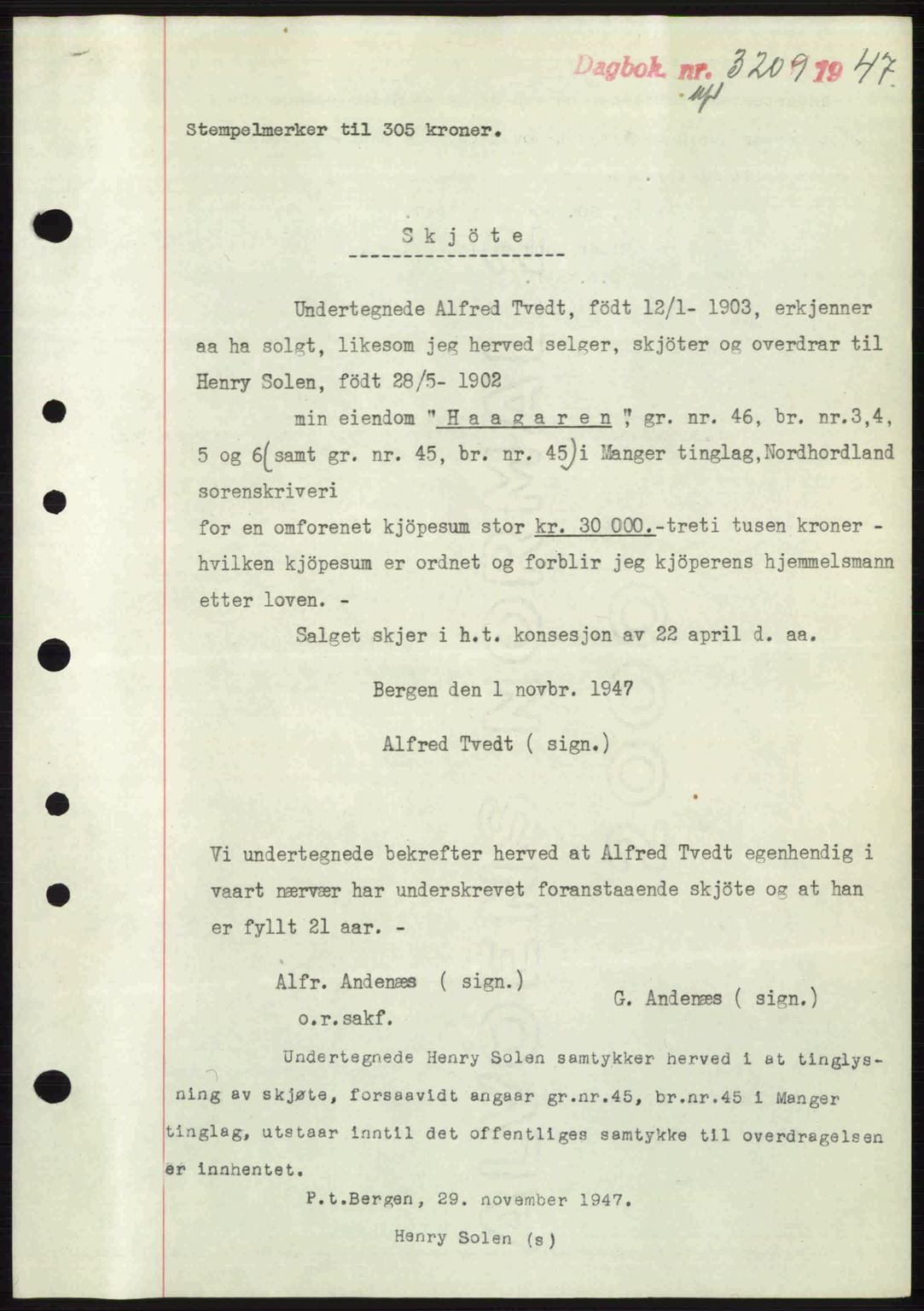 Nordhordland sorenskrivar, SAB/A-2901/1/G/Gb/Gbf/L0032: Mortgage book no. A32, 1947-1947, Diary no: : 3209/1947