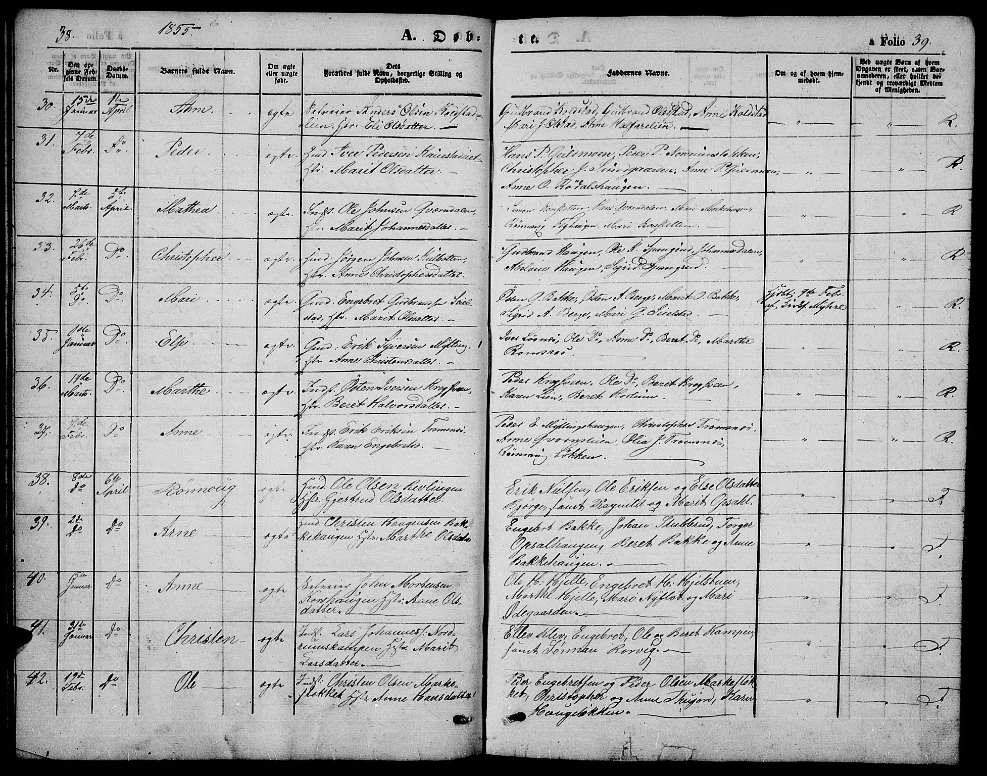 Ringebu prestekontor, AV/SAH-PREST-082/H/Ha/Hab/L0003: Parish register (copy) no. 3, 1854-1866, p. 38-39