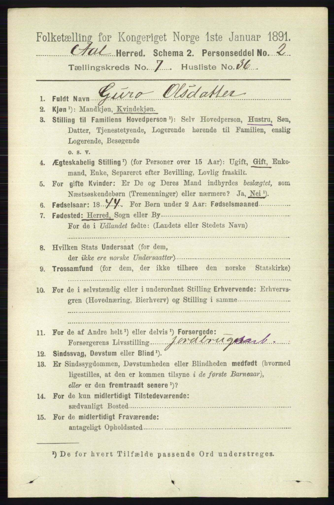 RA, 1891 census for 0619 Ål, 1891, p. 1987