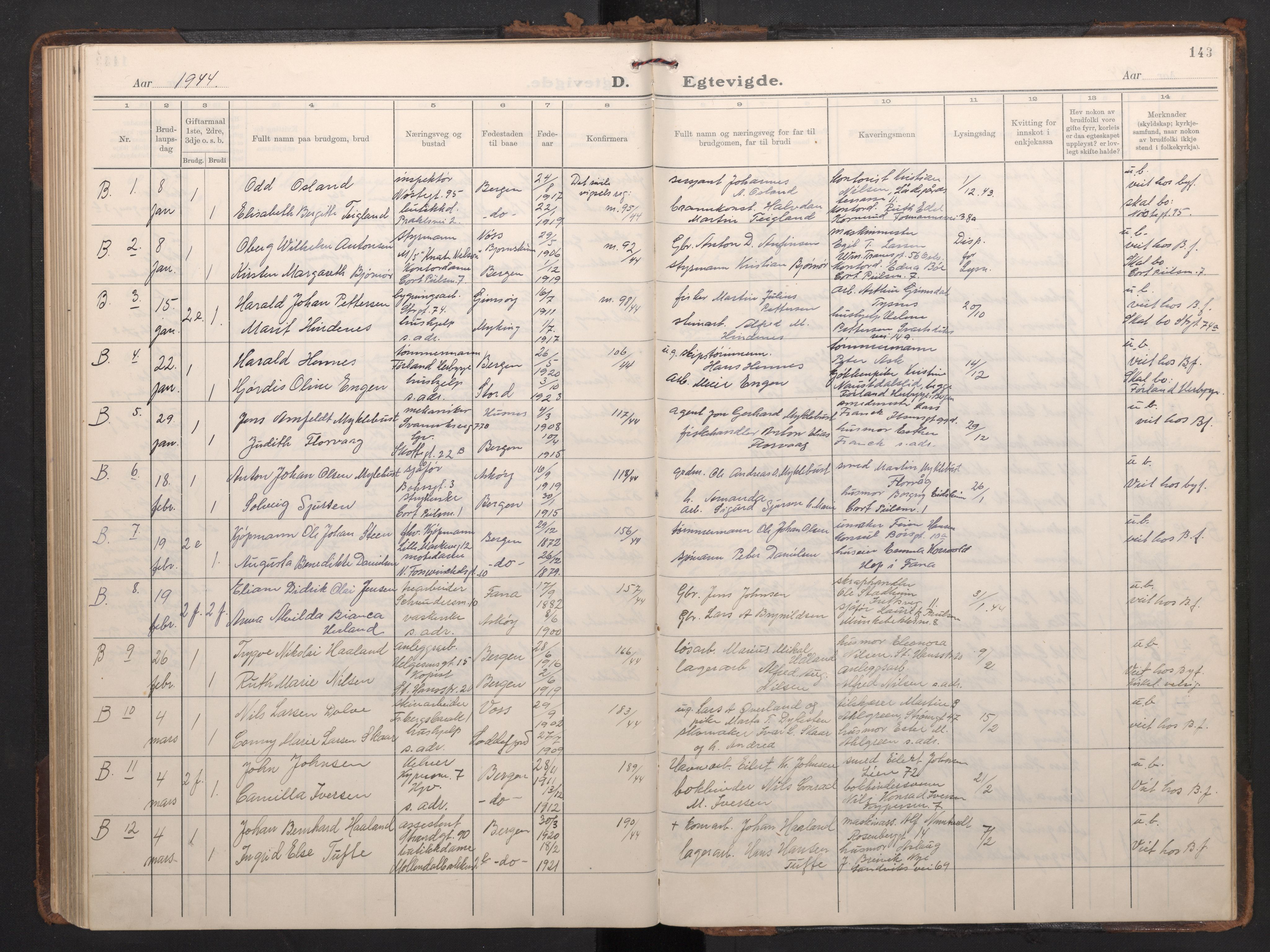 Nykirken Sokneprestembete, SAB/A-77101/H/Haa/L0039: Parish register (official) no. D 9, 1935-1946, p. 142b-143a