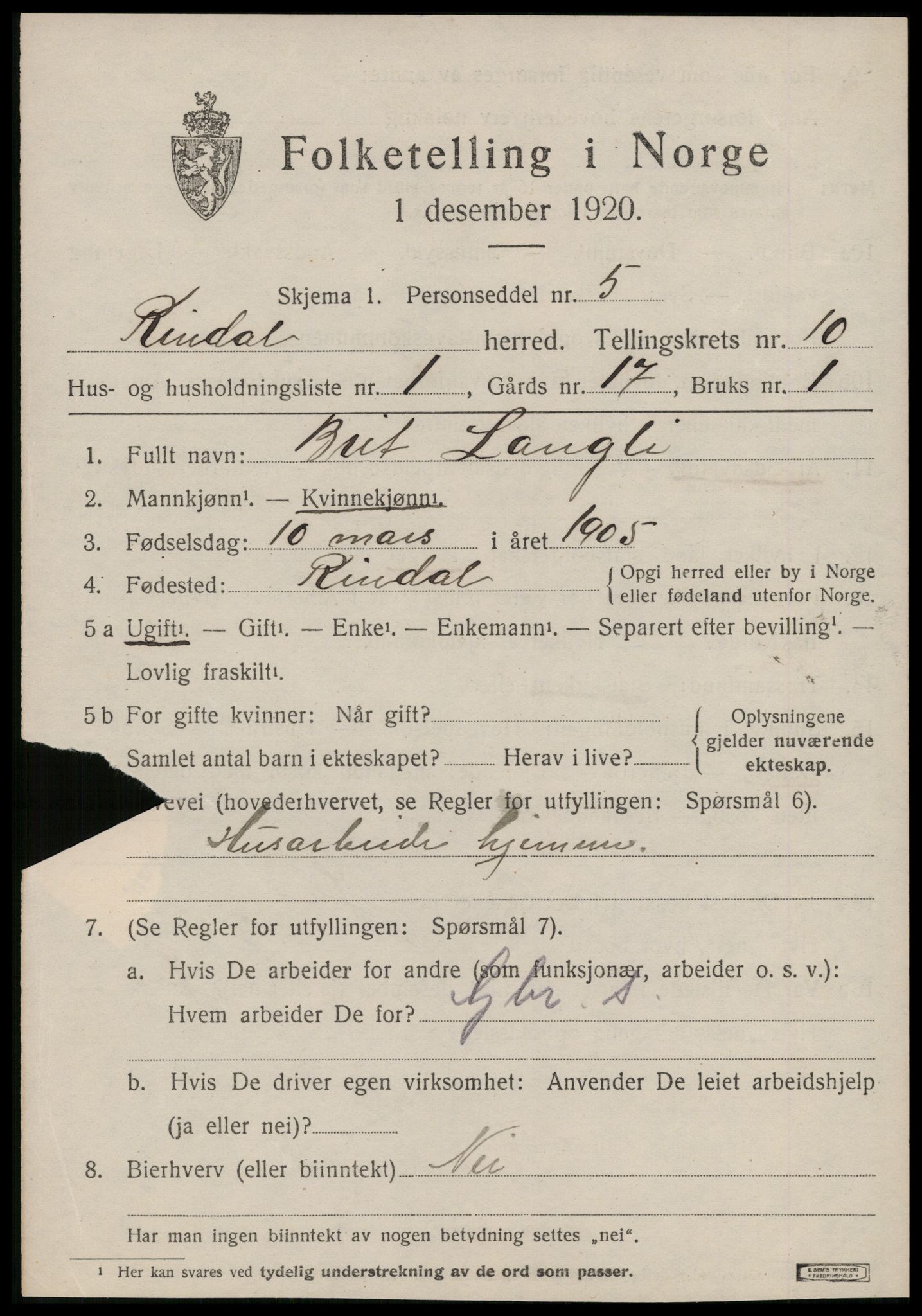 SAT, 1920 census for Rindal, 1920, p. 5160