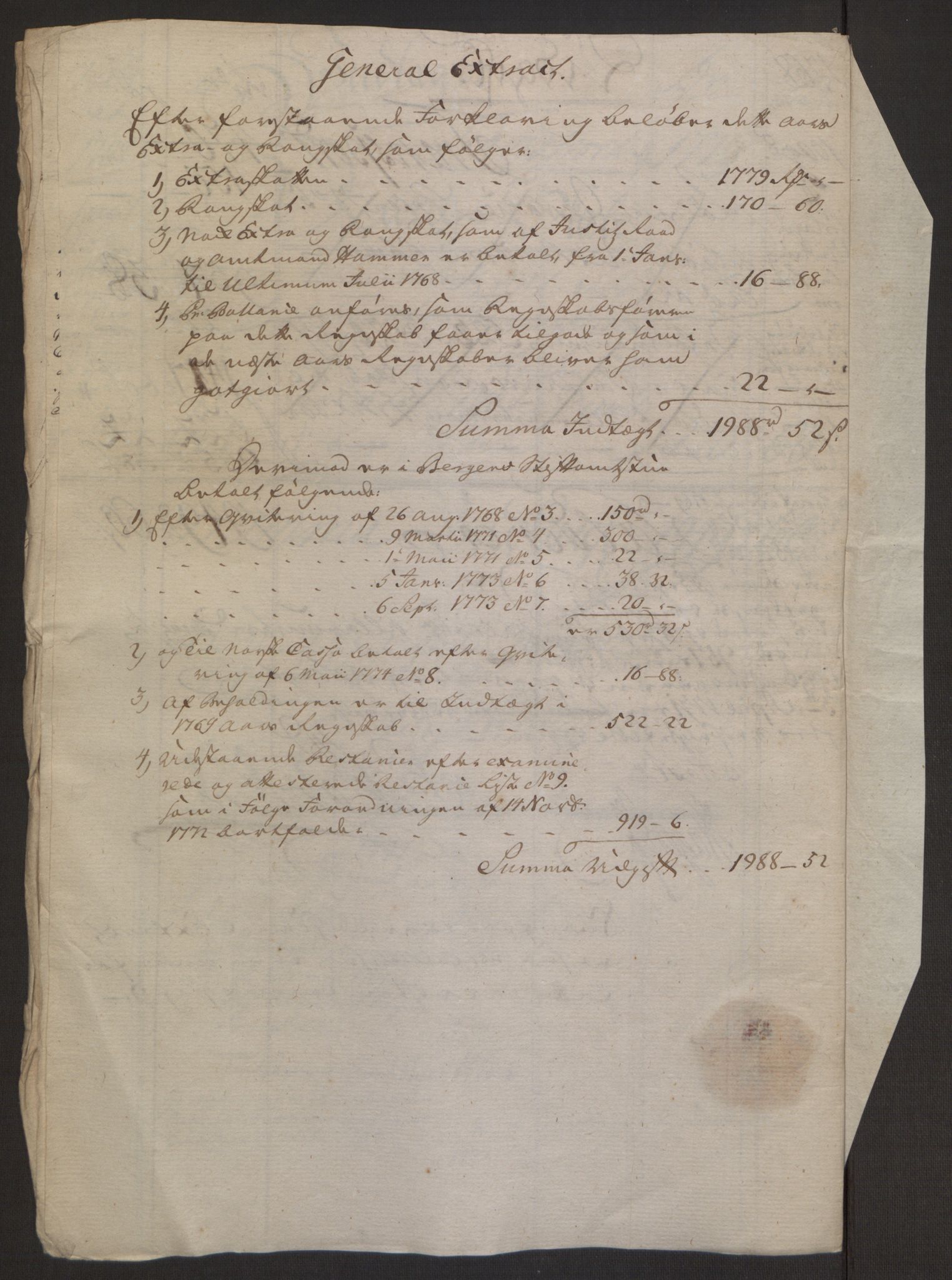 Rentekammeret inntil 1814, Reviderte regnskaper, Byregnskaper, AV/RA-EA-4066/R/Ro/L0305/0001: [O6] Kontribusjonsregnskap / Ekstraskatt, 1762-1768, p. 341