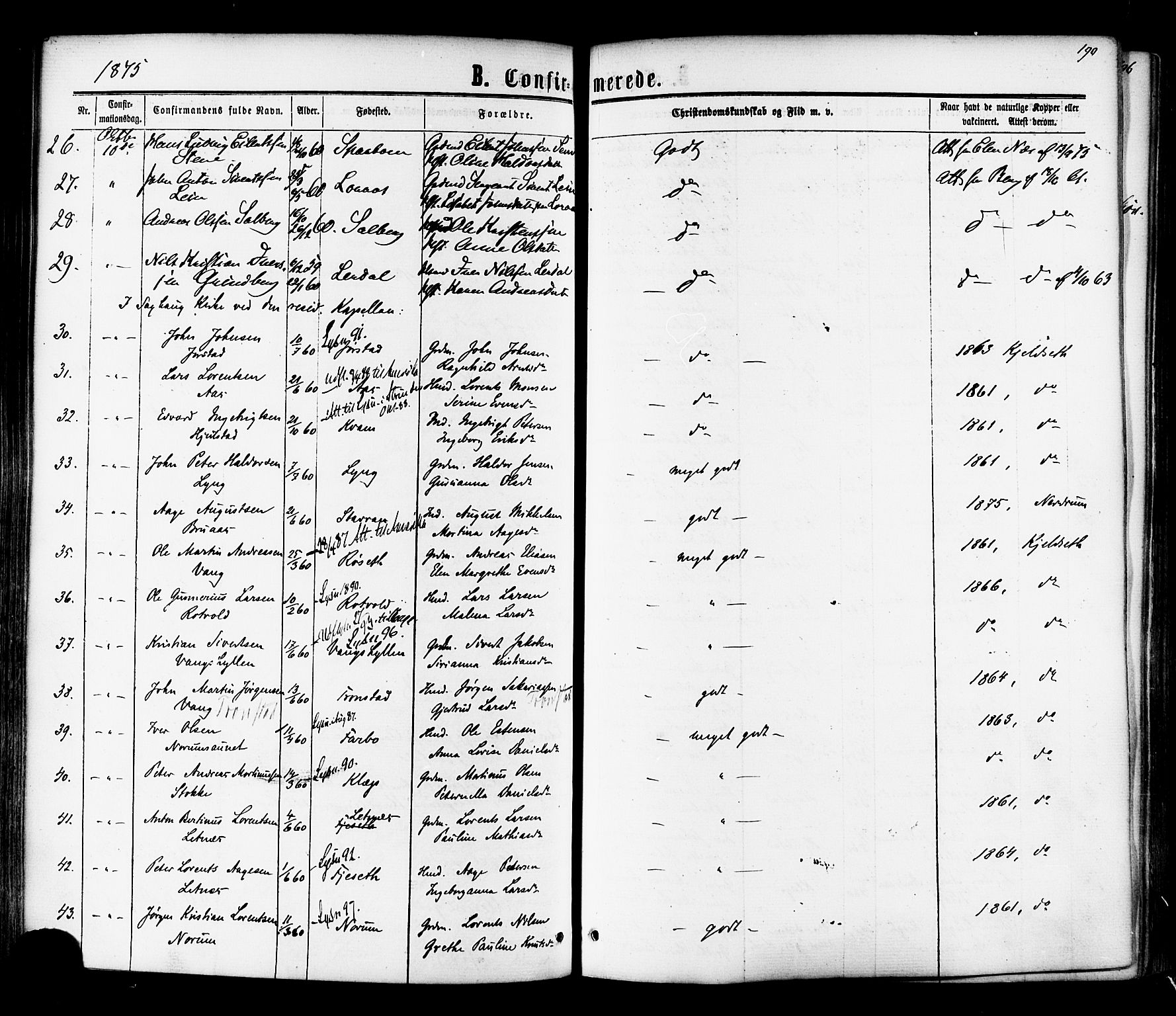 Ministerialprotokoller, klokkerbøker og fødselsregistre - Nord-Trøndelag, AV/SAT-A-1458/730/L0284: Parish register (official) no. 730A09, 1866-1878, p. 190