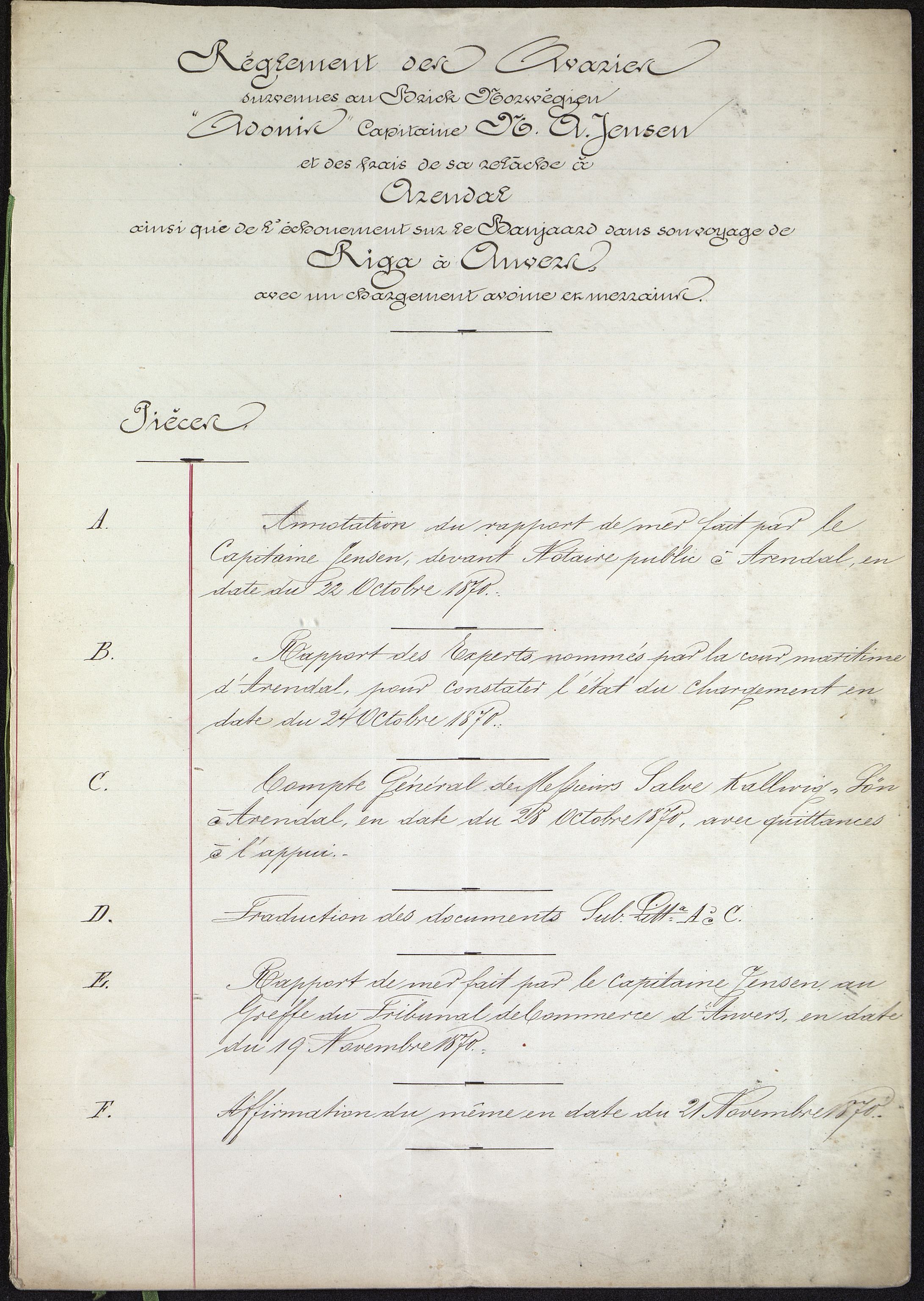 Pa 63 - Østlandske skibsassuranceforening, VEMU/A-1079/G/Ga/L0002/0024: Havaridokumenter / Antonia, 1870