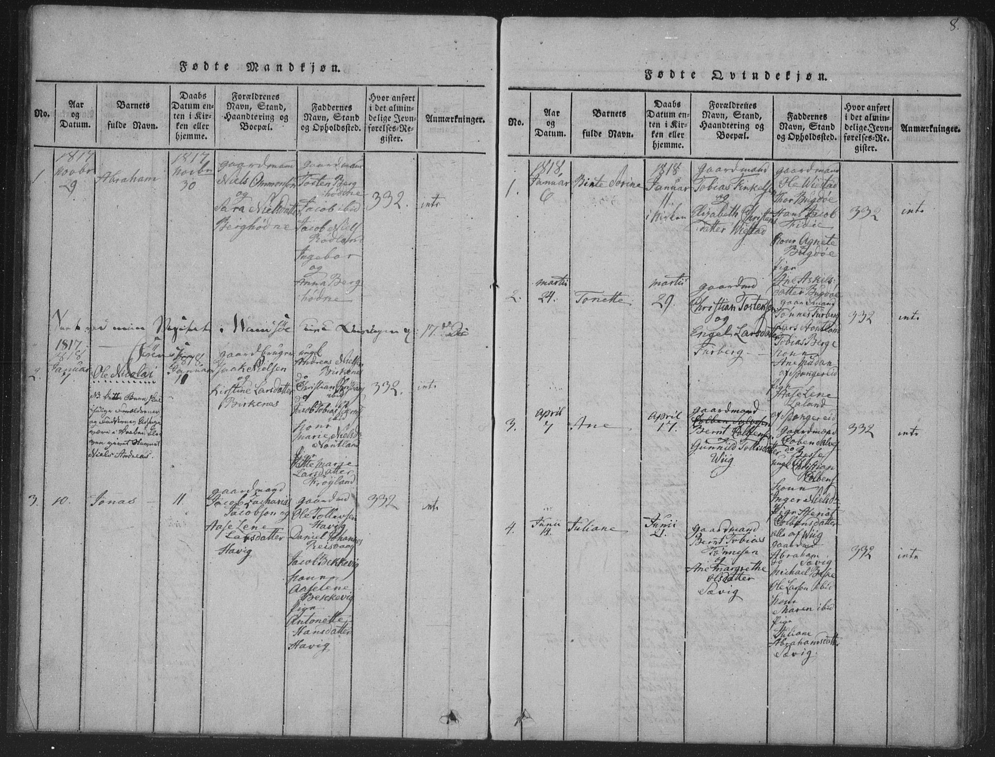 Herad sokneprestkontor, SAK/1111-0018/F/Fa/Fab/L0002: Parish register (official) no. A 2, 1816-1844, p. 8