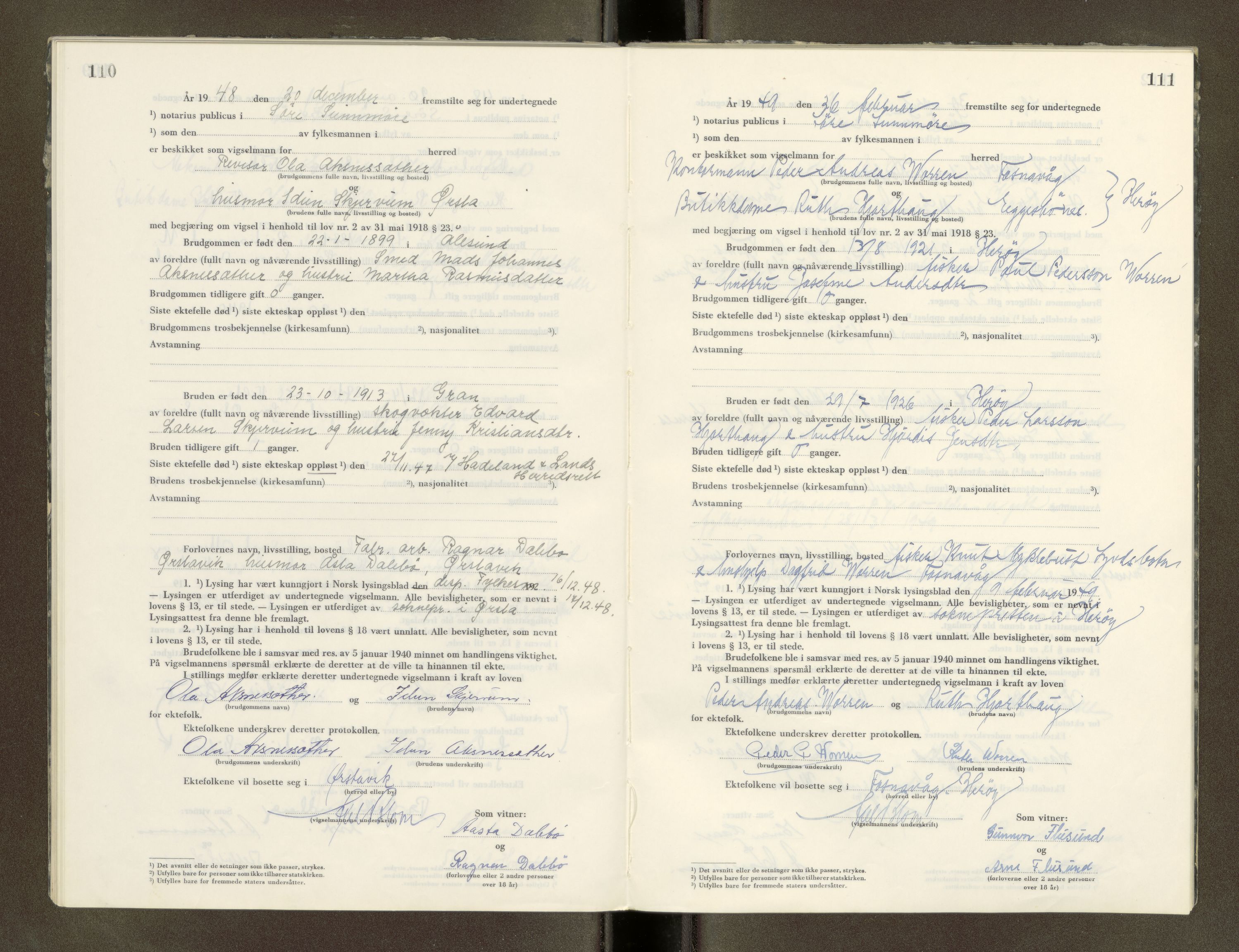 Søre Sunnmøre sorenskriveri, AV/SAT-A-4122/1/6/6D/L0003: Vigselsbok, 1944-1966, p. 110-111