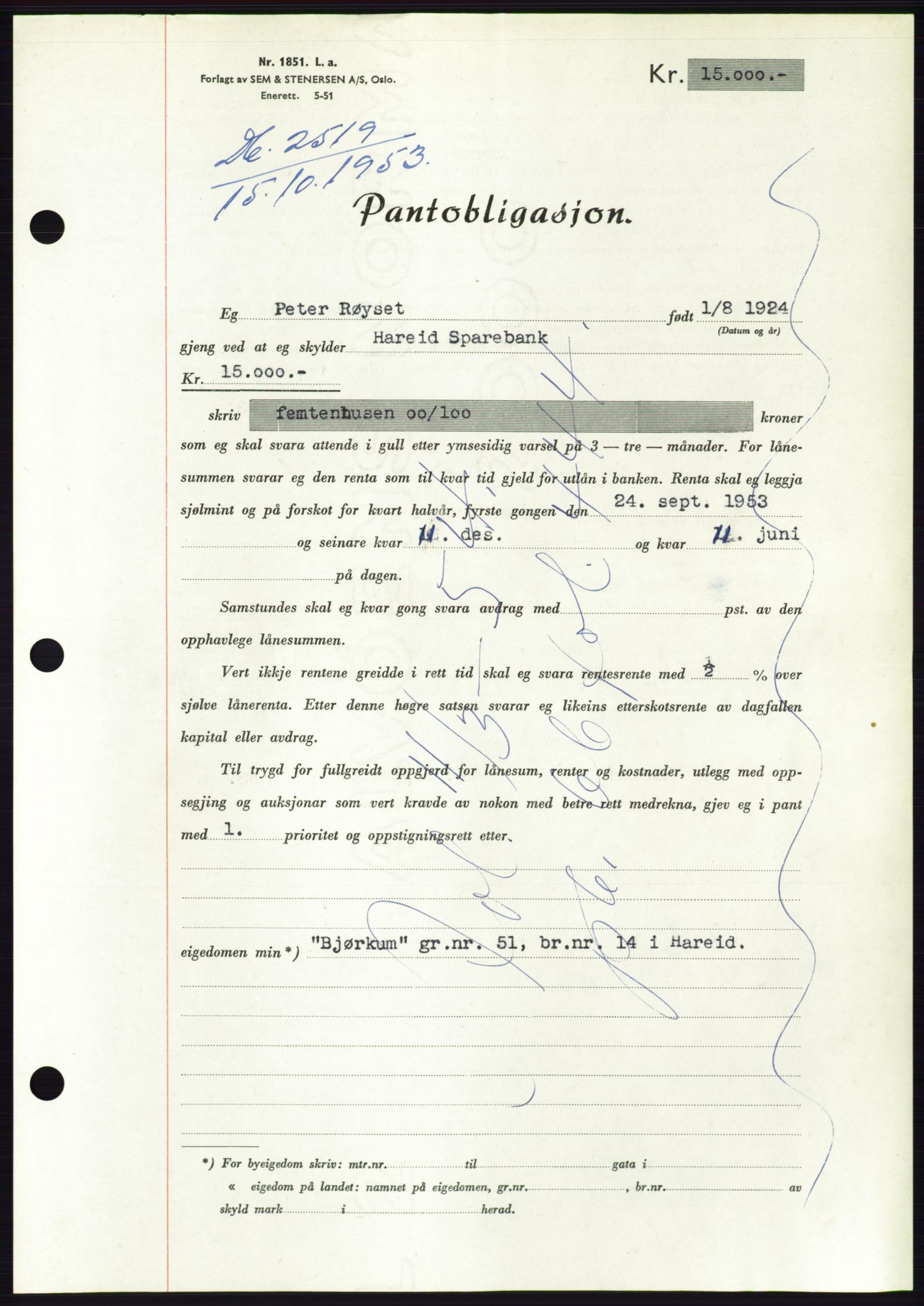 Søre Sunnmøre sorenskriveri, AV/SAT-A-4122/1/2/2C/L0124: Mortgage book no. 12B, 1953-1954, Diary no: : 2519/1953