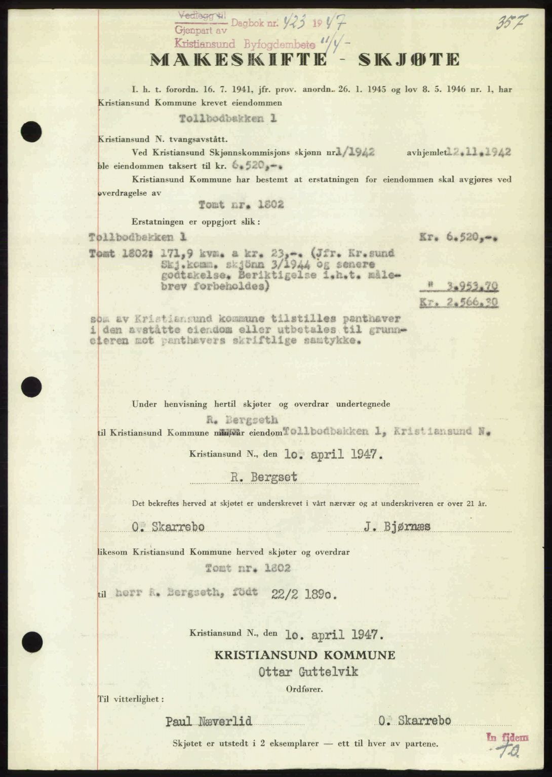 Kristiansund byfogd, AV/SAT-A-4587/A/27: Mortgage book no. 39b, 1946-1947, Diary no: : 423/1947