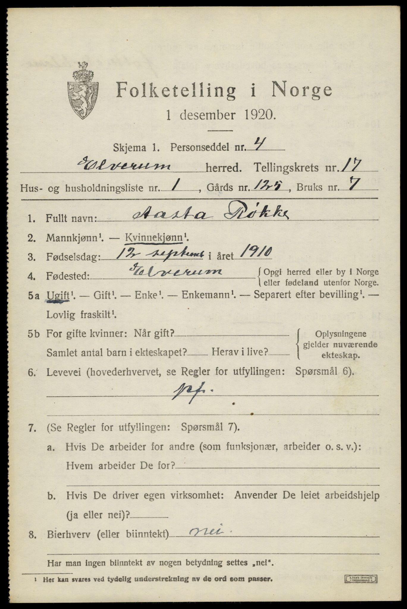 SAH, 1920 census for Elverum, 1920, p. 21288