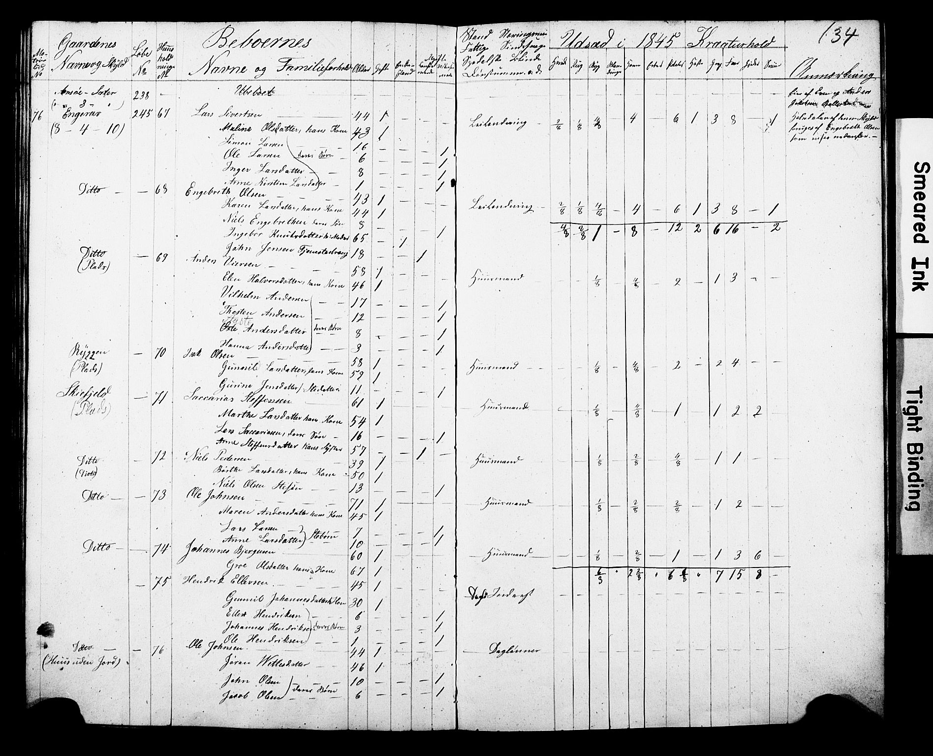 , Census 1845 for Gjerpen, 1845, p. 134