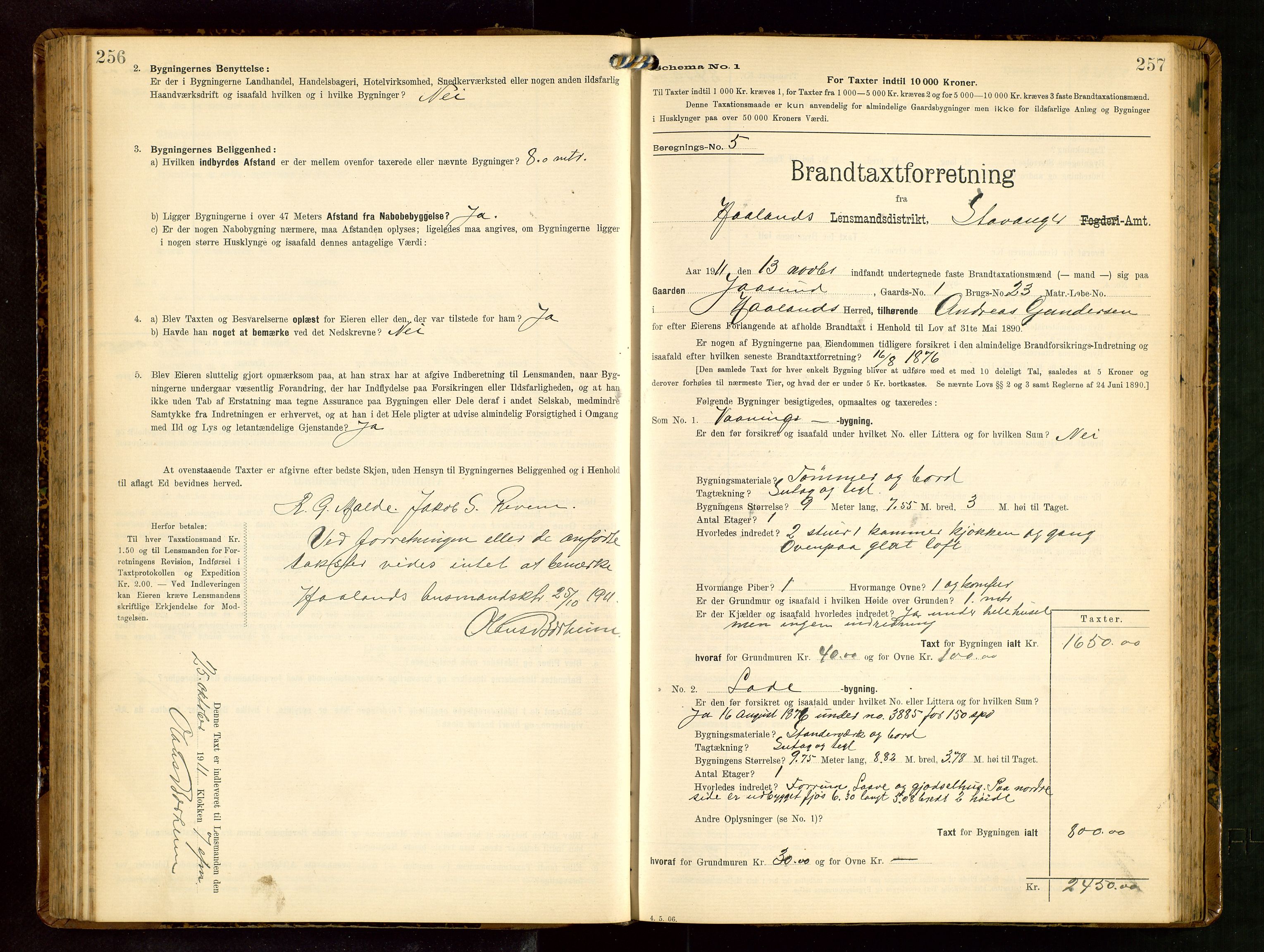 Håland lensmannskontor, AV/SAST-A-100100/Gob/L0003: Branntakstprotokoll - skjematakst. Register i boken., 1909-1910, p. 256-257