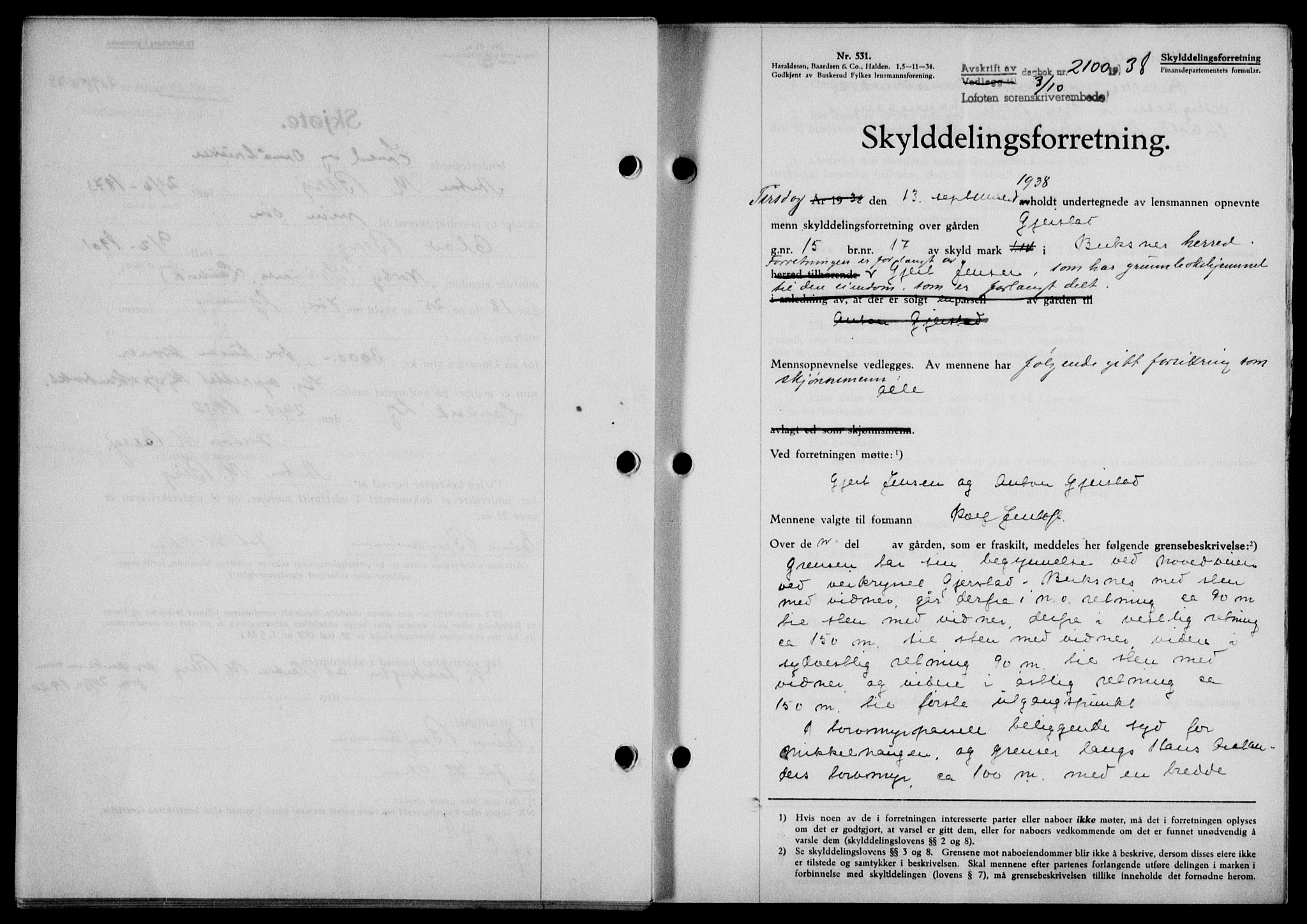 Lofoten sorenskriveri, AV/SAT-A-0017/1/2/2C/L0004a: Mortgage book no. 4a, 1938-1938, Diary no: : 2100/1938