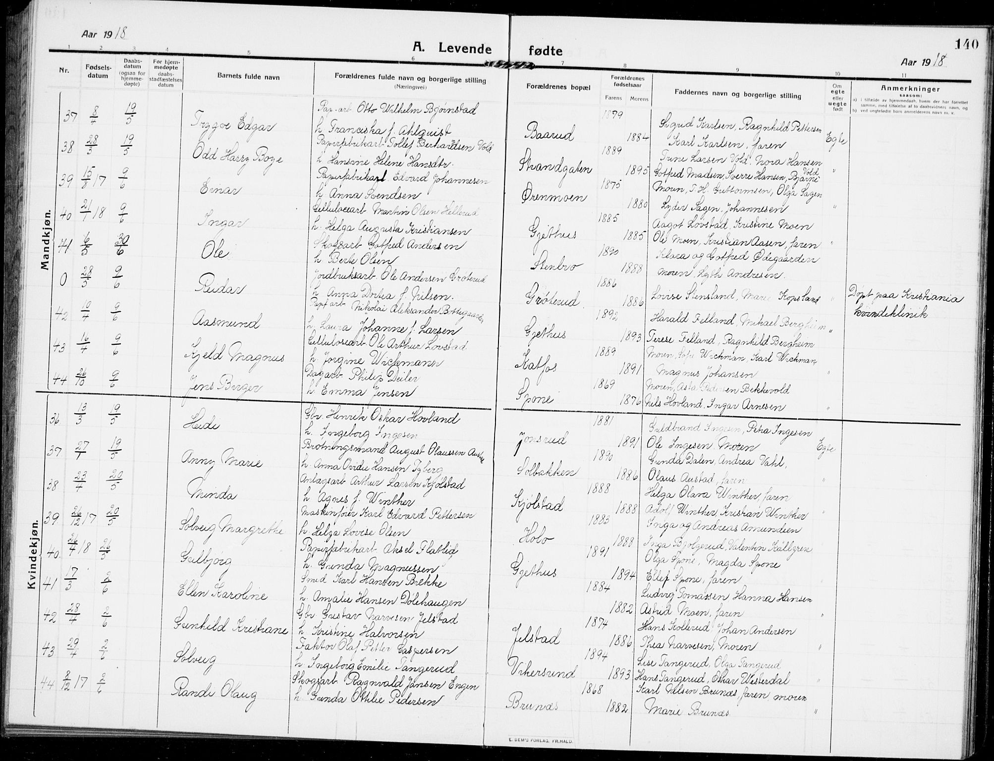 Modum kirkebøker, AV/SAKO-A-234/G/Ga/L0009: Parish register (copy) no. I 9, 1909-1923, p. 140