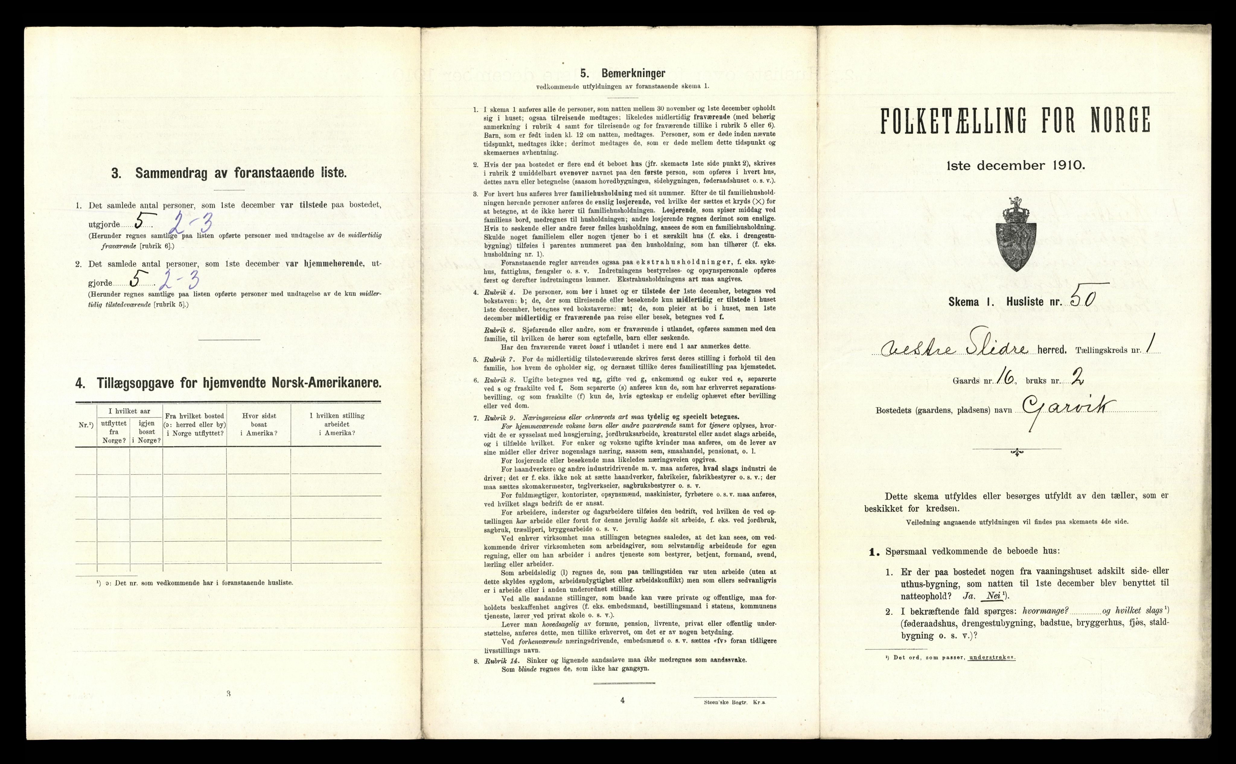 RA, 1910 census for Vestre Slidre, 1910, p. 143