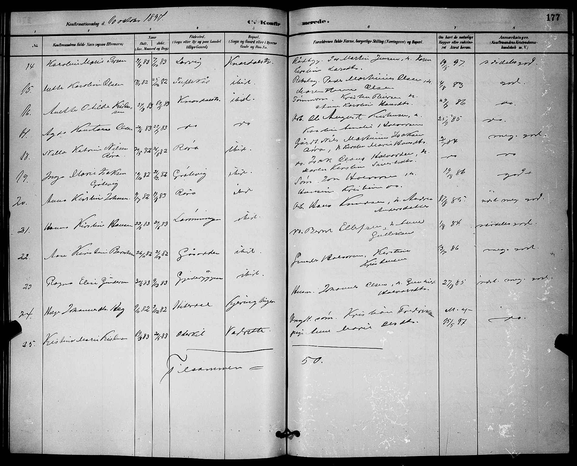 Solum kirkebøker, SAKO/A-306/G/Ga/L0007: Parish register (copy) no. I 7, 1884-1898, p. 177