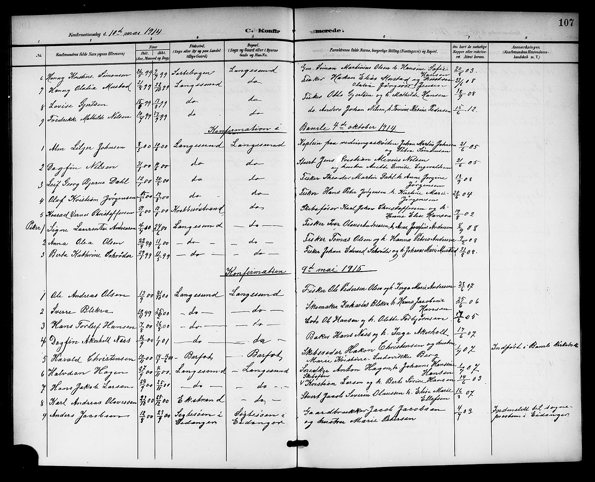 Langesund kirkebøker, SAKO/A-280/G/Ga/L0006: Parish register (copy) no. 6, 1899-1918, p. 107