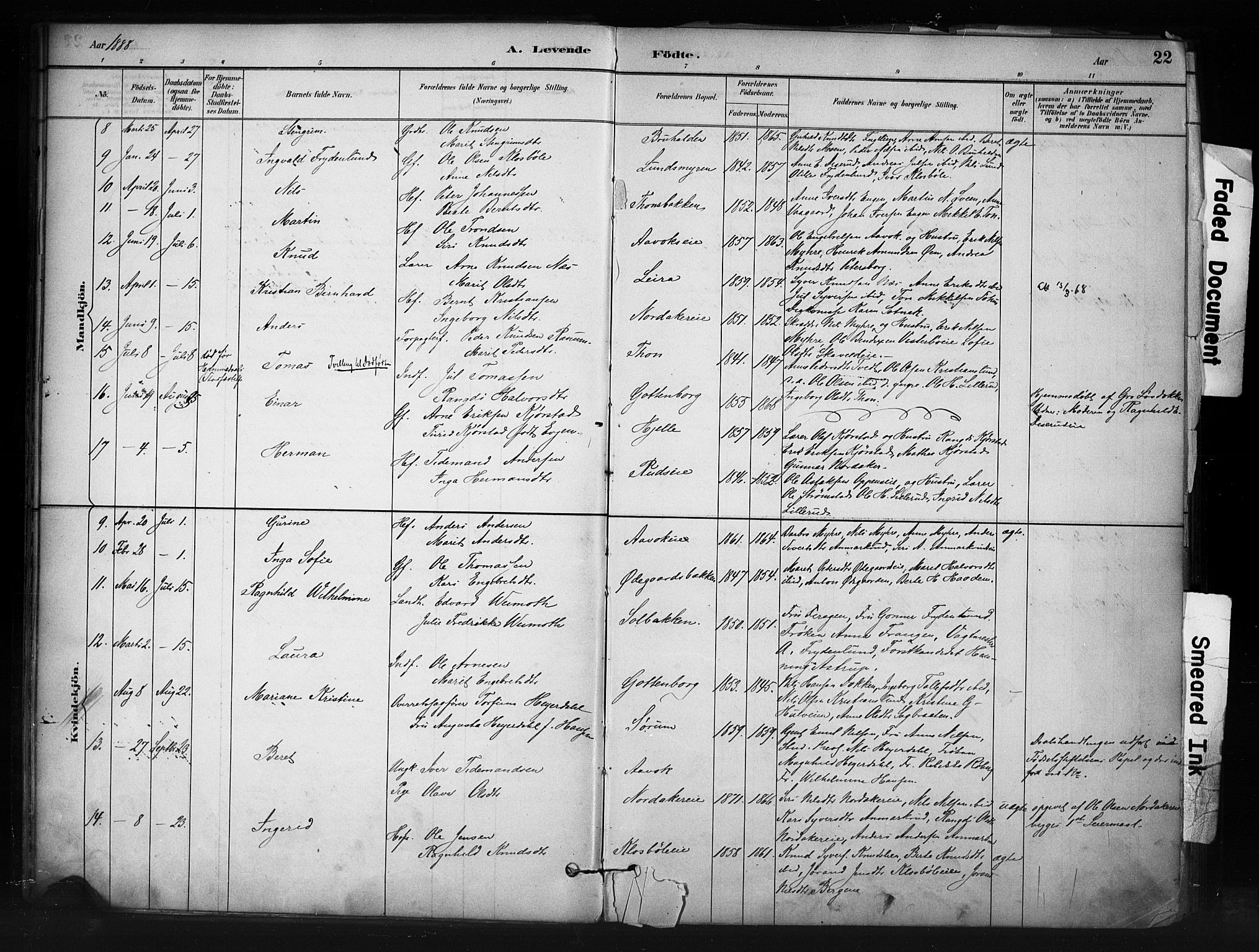 Nord-Aurdal prestekontor, SAH/PREST-132/H/Ha/Haa/L0013: Parish register (official) no. 13, 1883-1895, p. 22