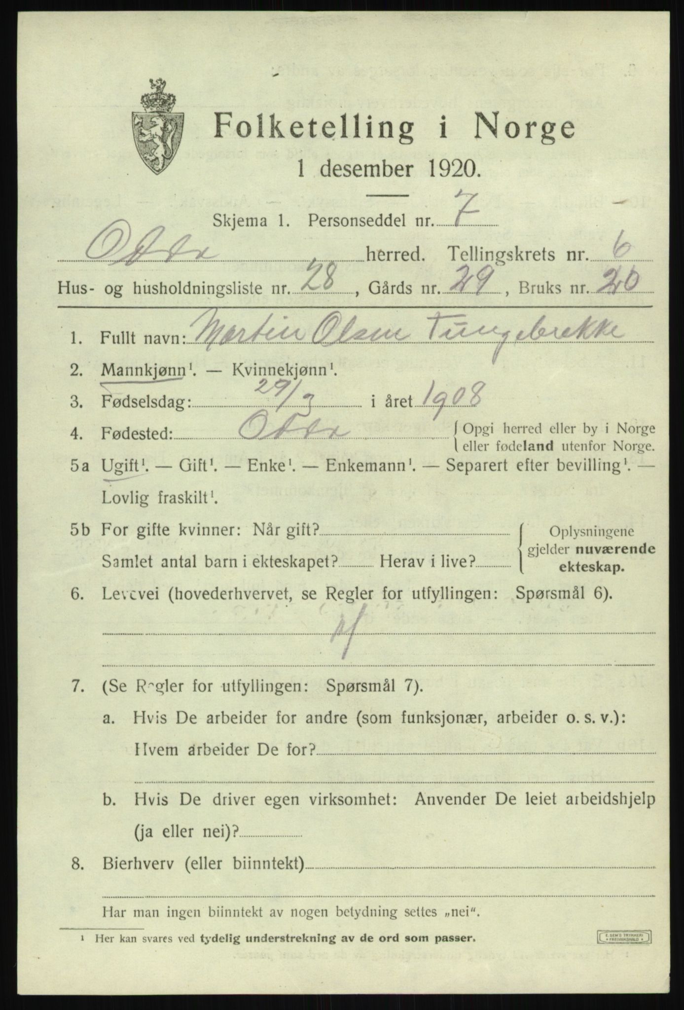 SAB, 1920 census for Odda, 1920, p. 4871