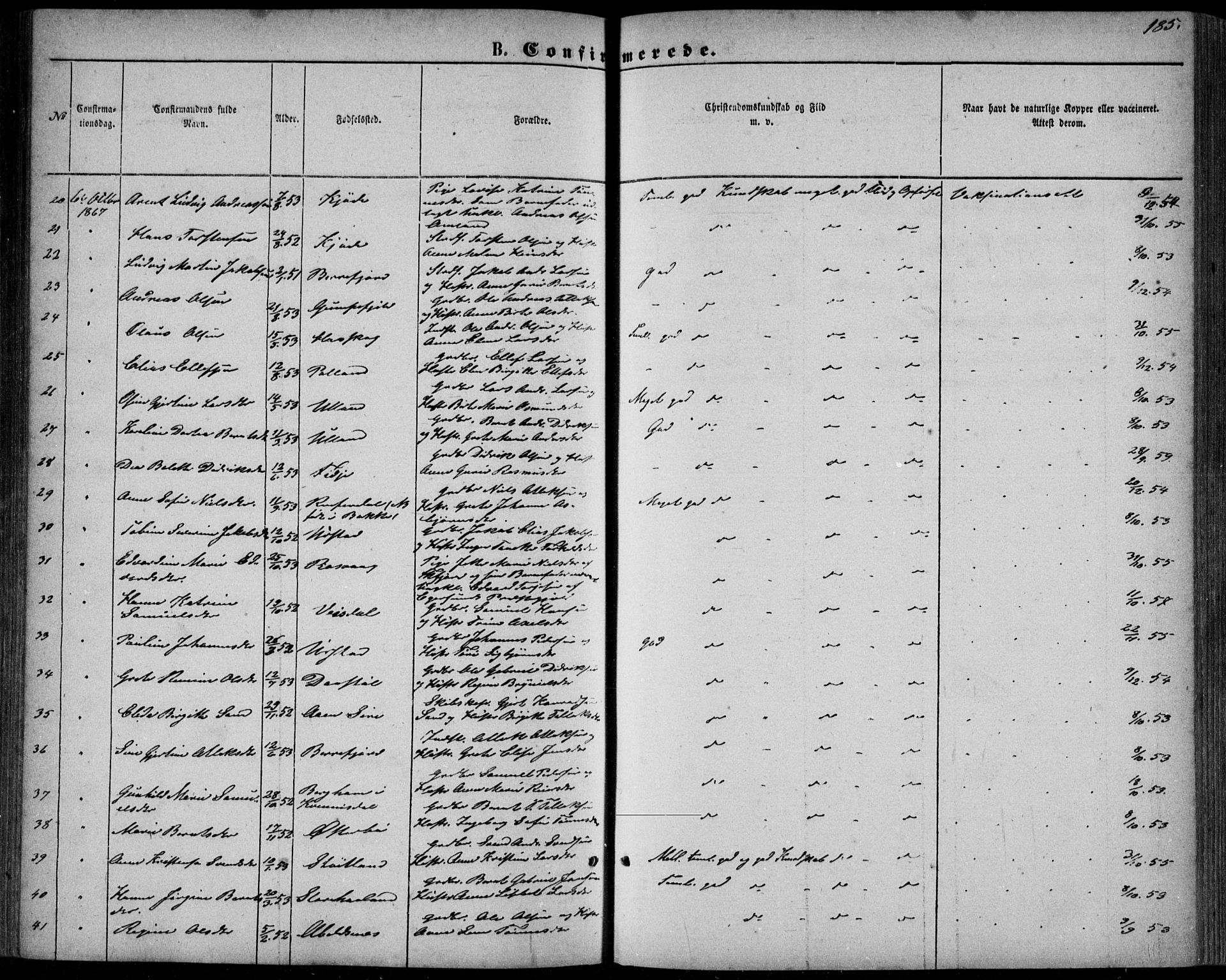 Flekkefjord sokneprestkontor, AV/SAK-1111-0012/F/Fb/Fbb/L0003: Parish register (copy) no. B 3, 1867-1889, p. 185