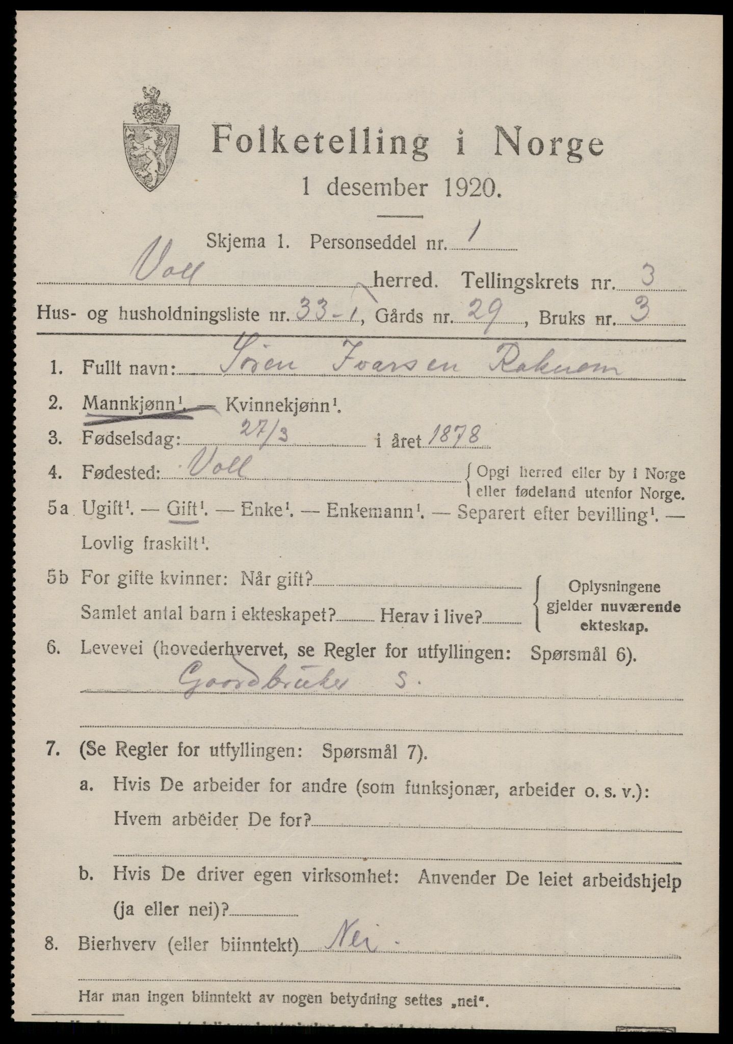 SAT, 1920 census for Voll, 1920, p. 1613