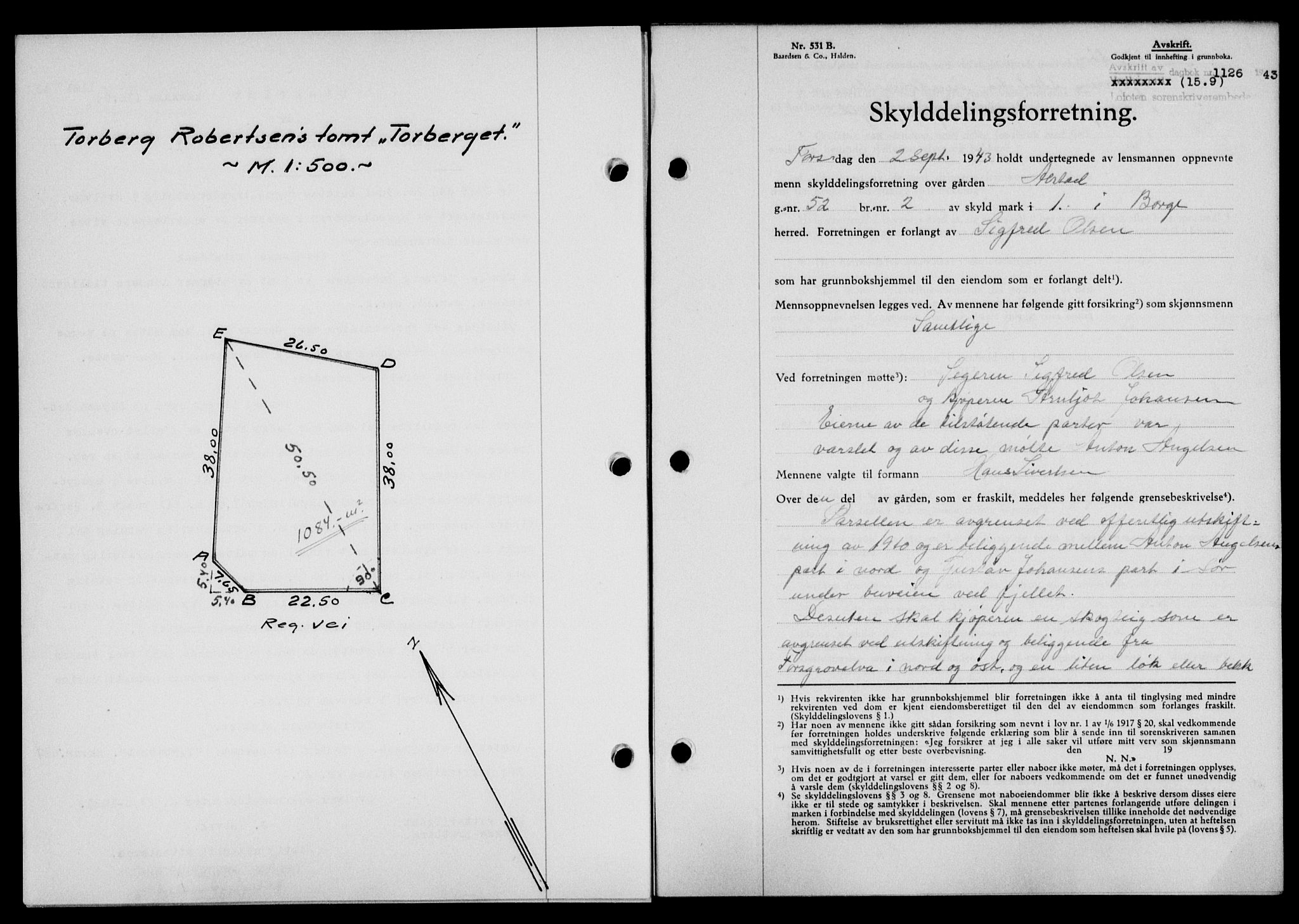 Lofoten sorenskriveri, SAT/A-0017/1/2/2C/L0011a: Mortgage book no. 11a, 1943-1943, Diary no: : 1126/1943