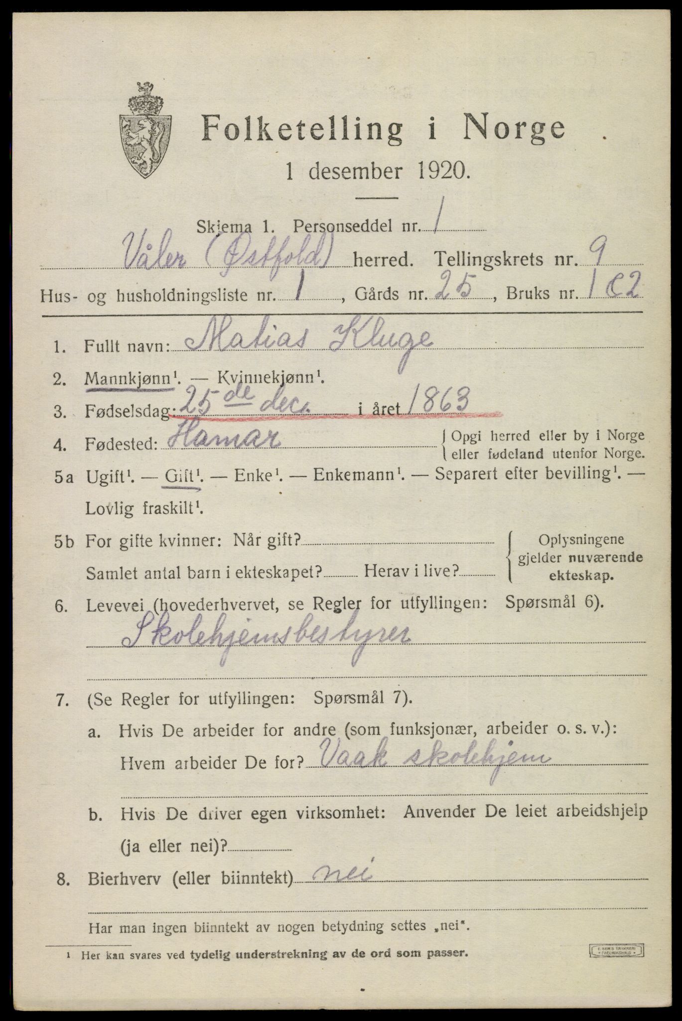 SAO, 1920 census for Våler, 1920, p. 4584