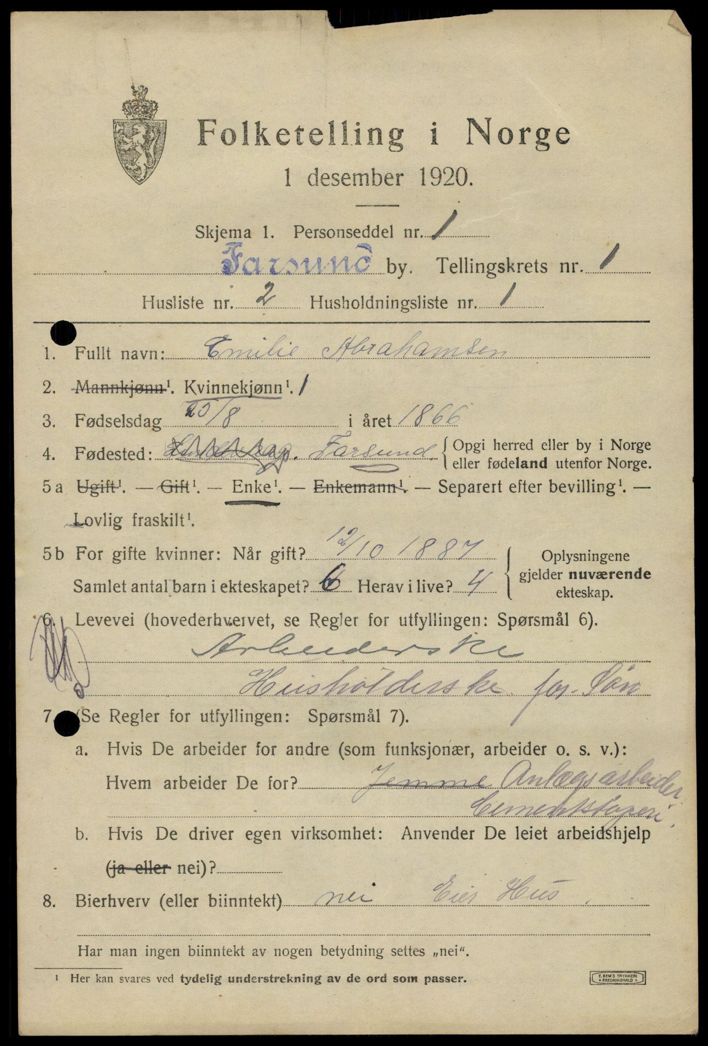 SAK, 1920 census for Farsund, 1920, p. 1223