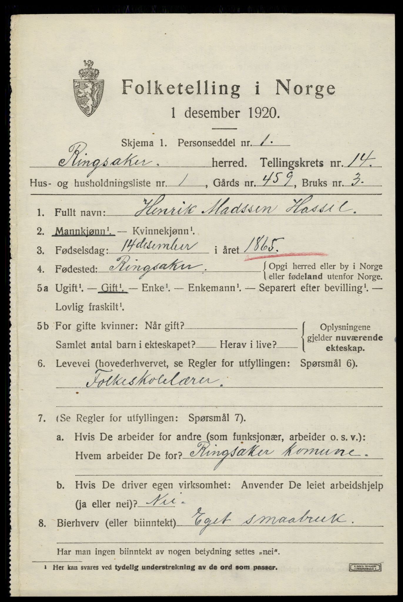 SAH, 1920 census for Ringsaker, 1920, p. 21560