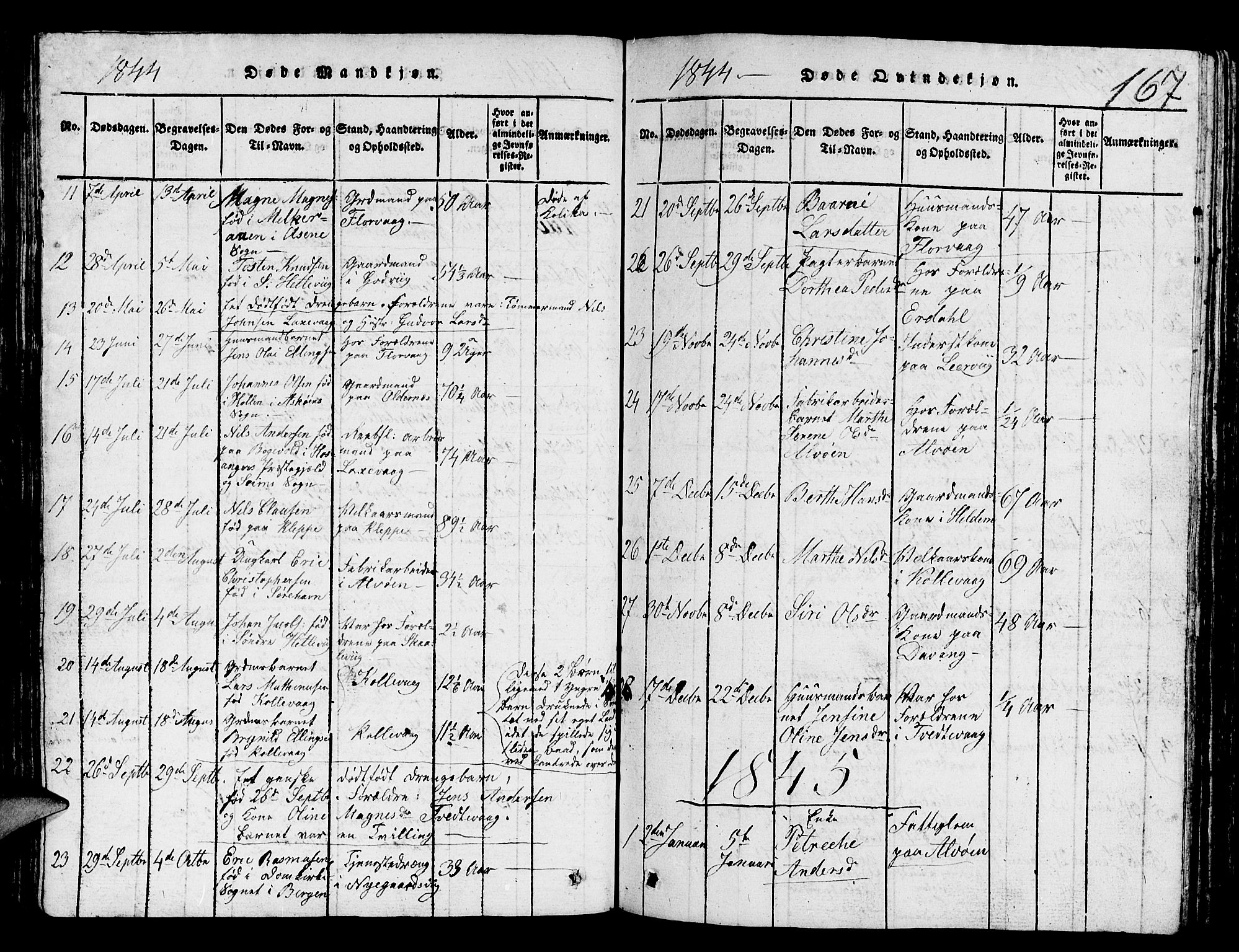 Askøy Sokneprestembete, SAB/A-74101/H/Ha/Hab/Haba/L0002: Parish register (copy) no. A 2, 1815-1846, p. 167