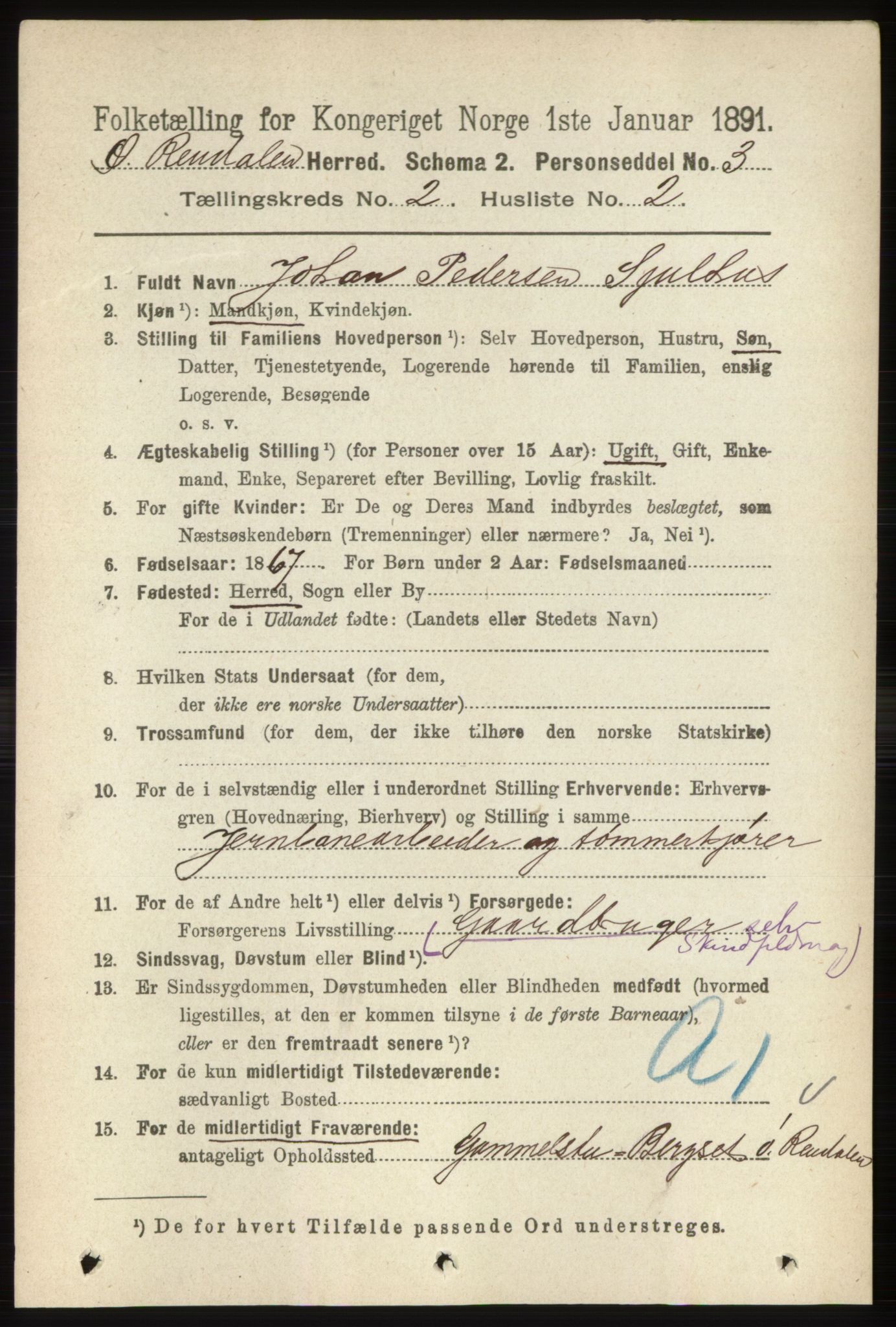 RA, 1891 census for 0433 Øvre Rendal, 1891, p. 407