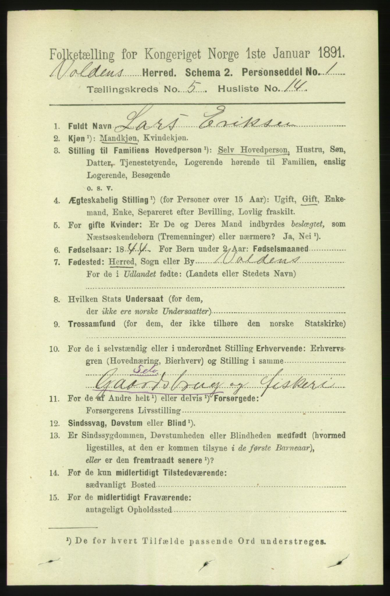 RA, 1891 census for 1519 Volda, 1891, p. 2391