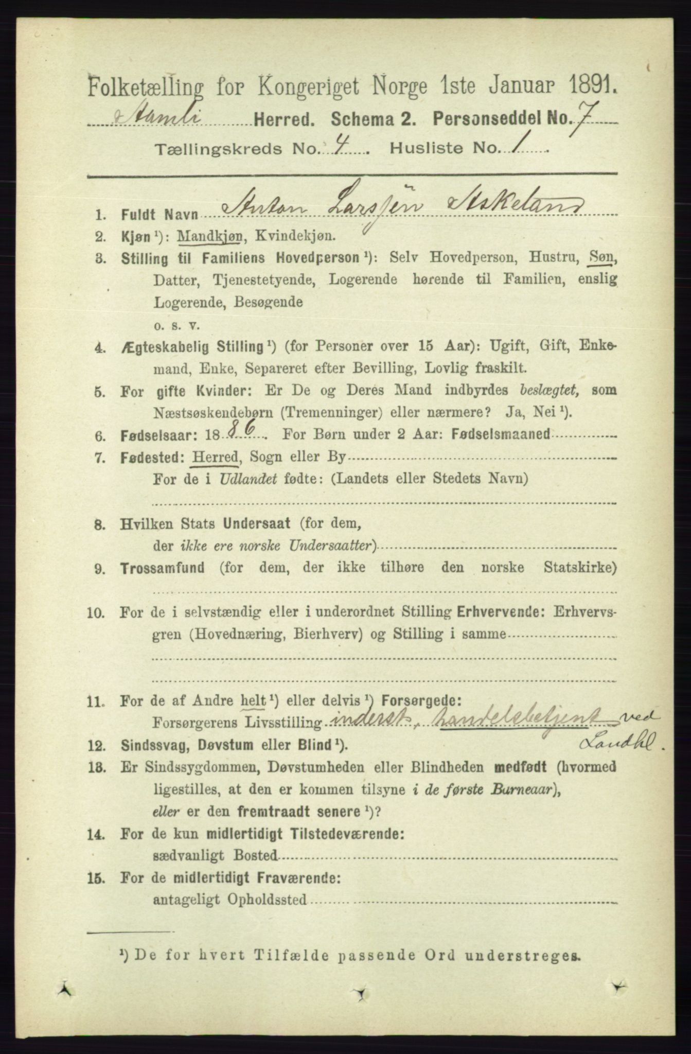 RA, 1891 census for 0929 Åmli, 1891, p. 445