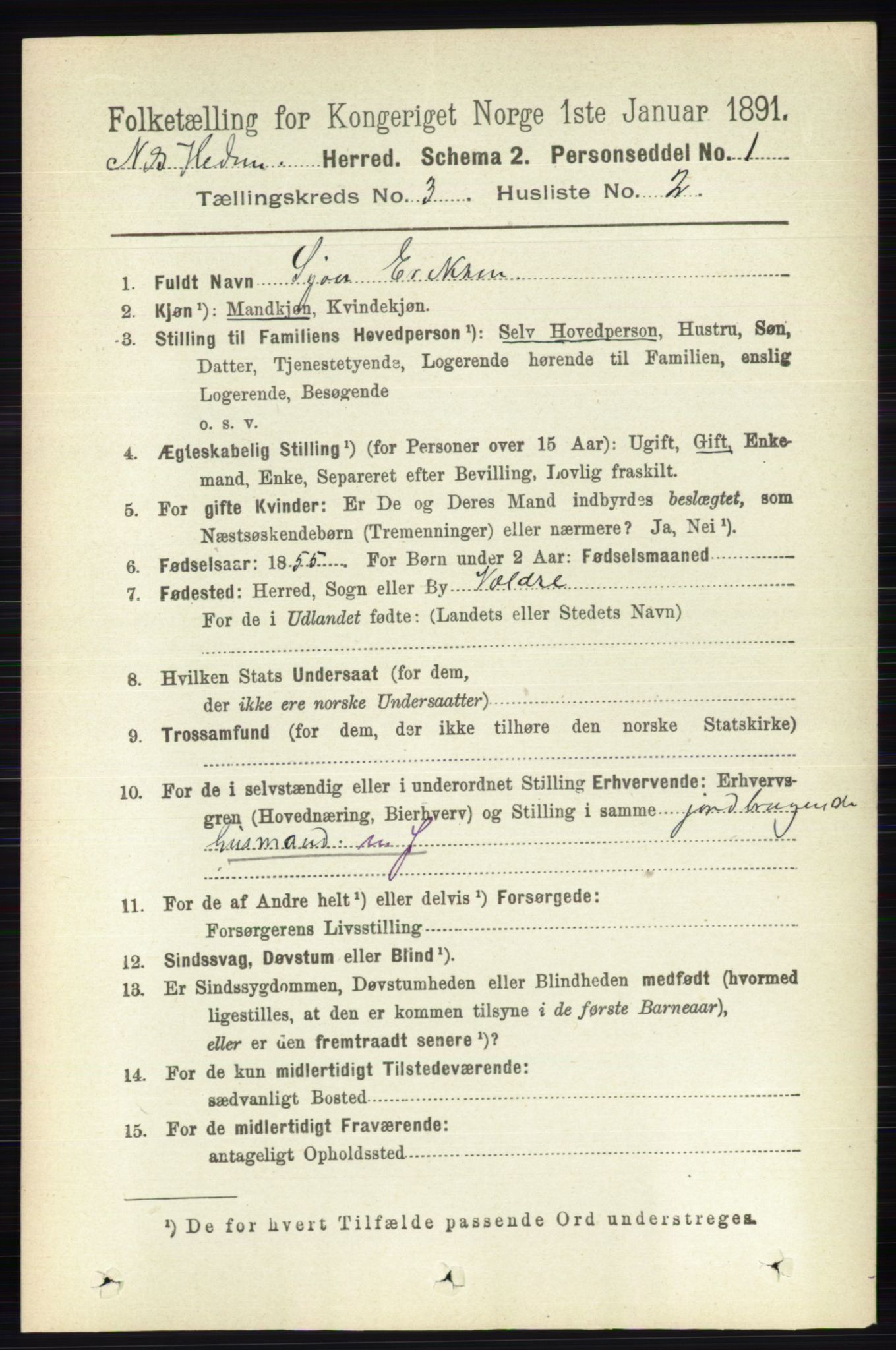 RA, 1891 census for 0411 Nes, 1891, p. 1600