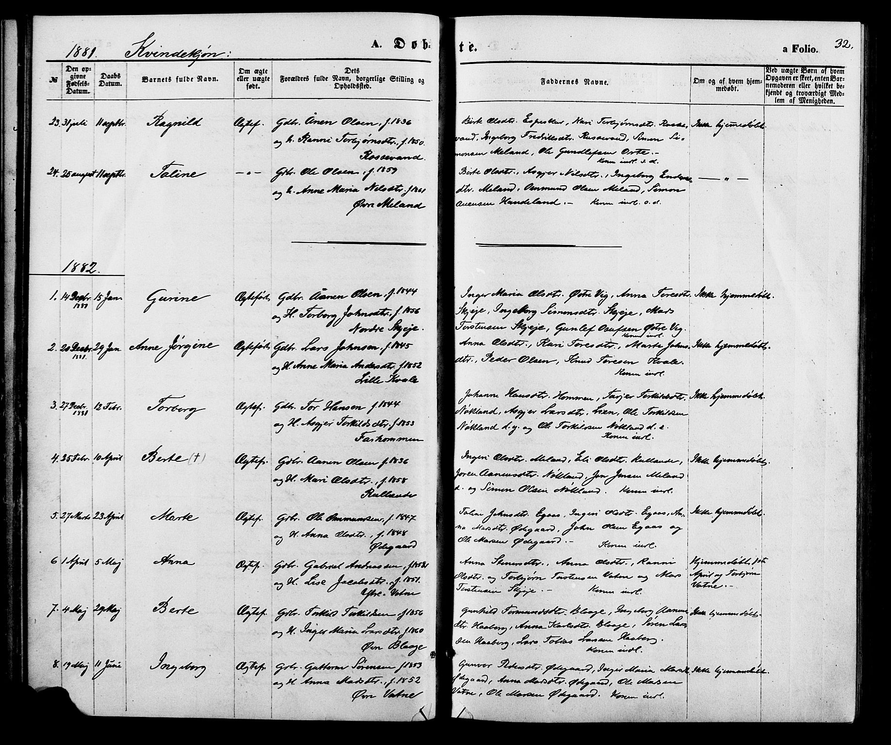 Hægebostad sokneprestkontor, SAK/1111-0024/F/Fa/Fab/L0003: Parish register (official) no. A 3, 1872-1886, p. 32
